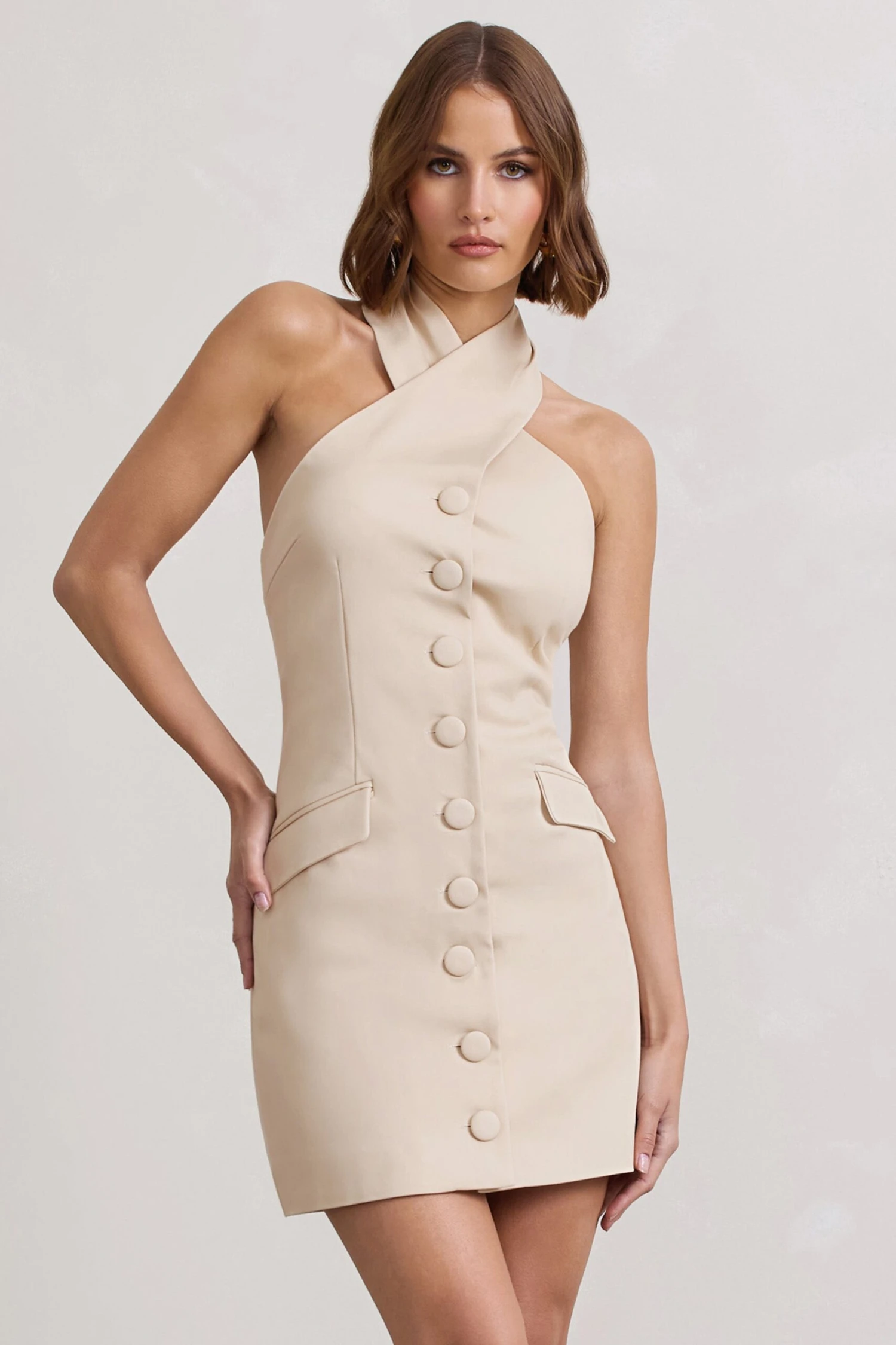 Dani | Stone Halter Neck Tailored Buttoned Bodycon Mini Dress - Image 5