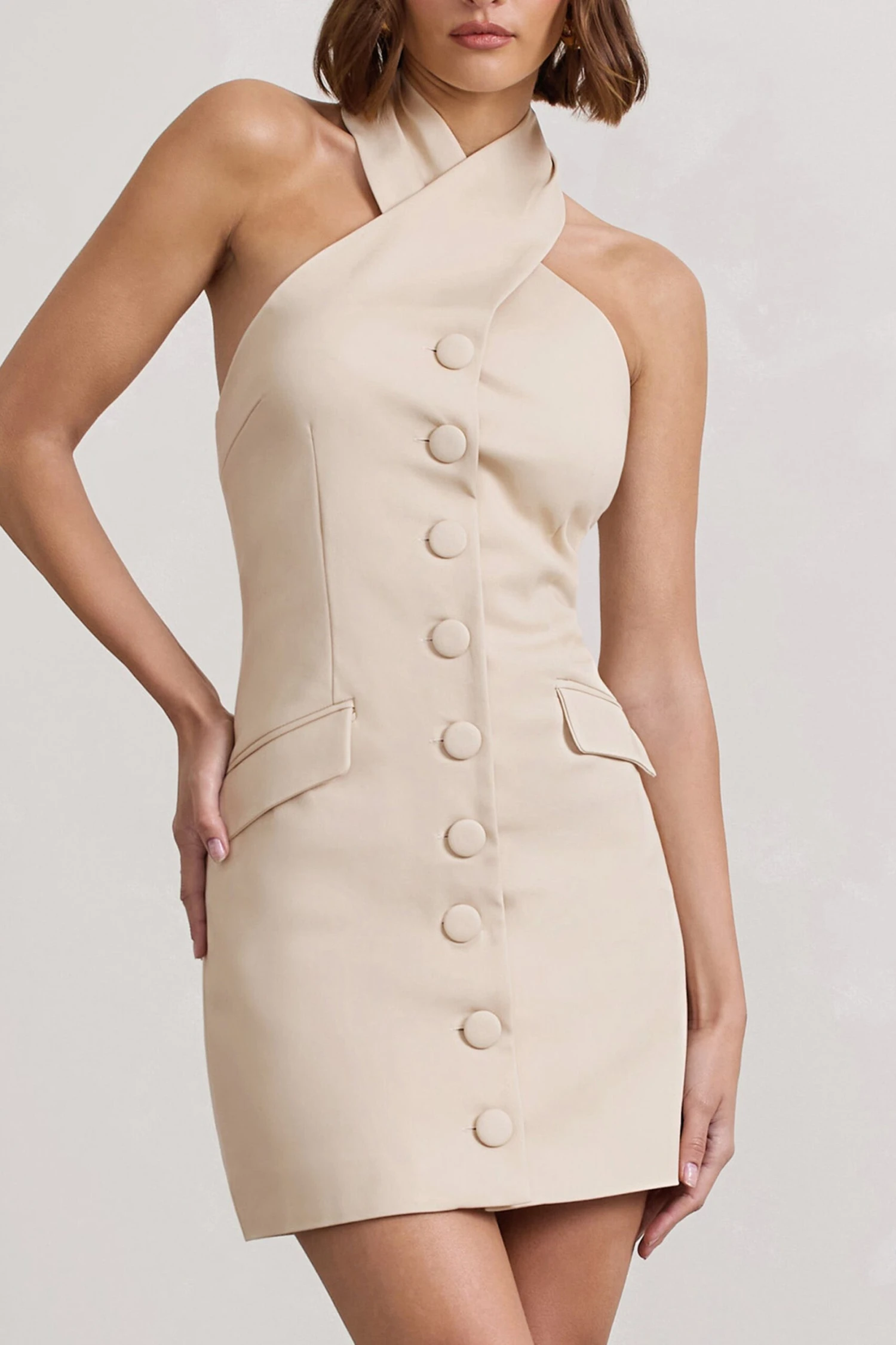 Dani | Stone Halter Neck Tailored Buttoned Bodycon Mini Dress - Image 3