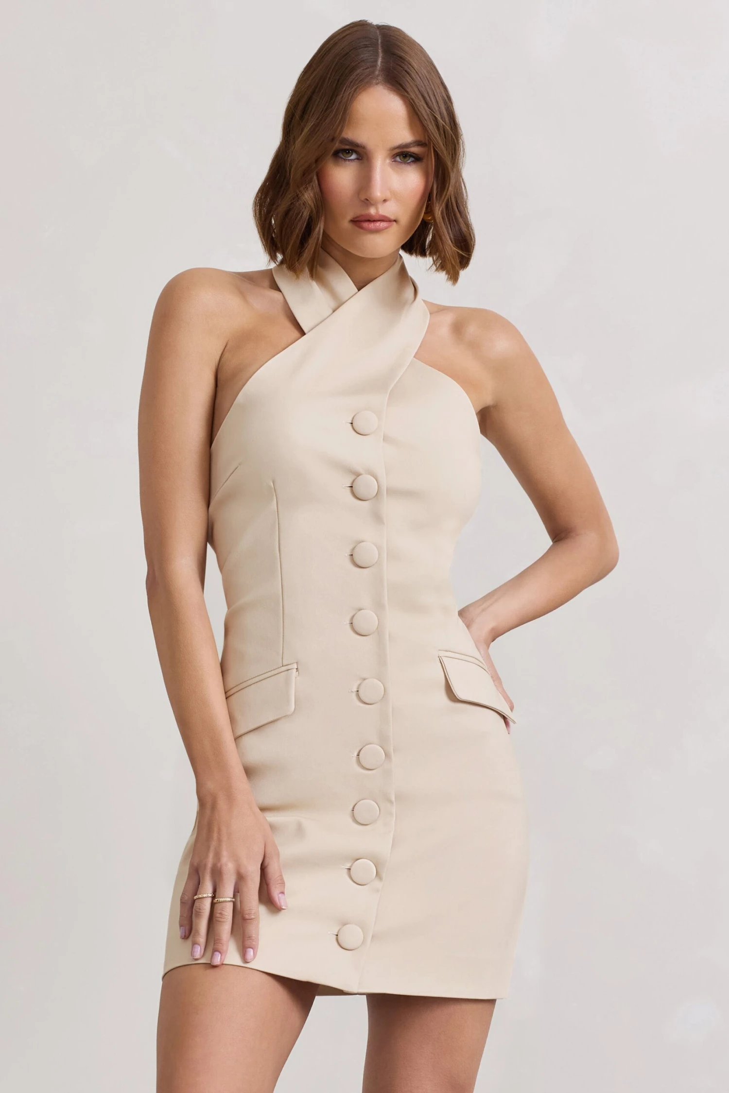 Dani | Stone Halter Neck Tailored Buttoned Bodycon Mini Dress - Image 4