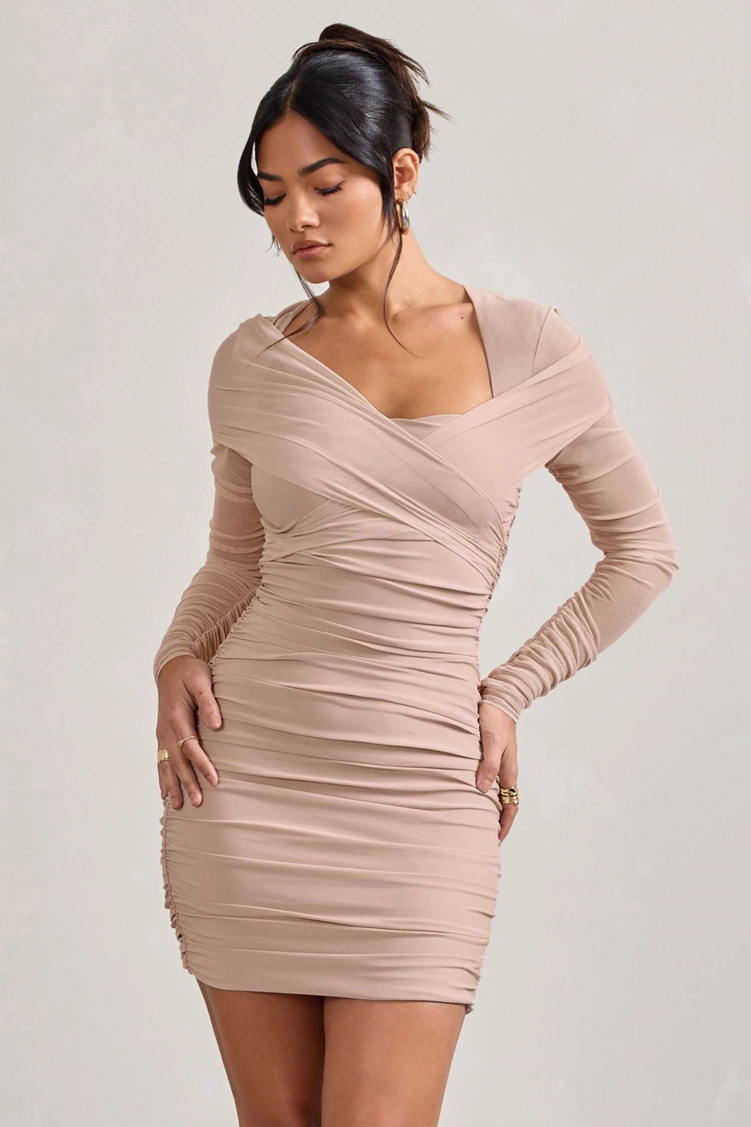 Sparks Fly | Nude Ruched Mesh Long-Sleeved Bodycon Mini Dress - Image 5