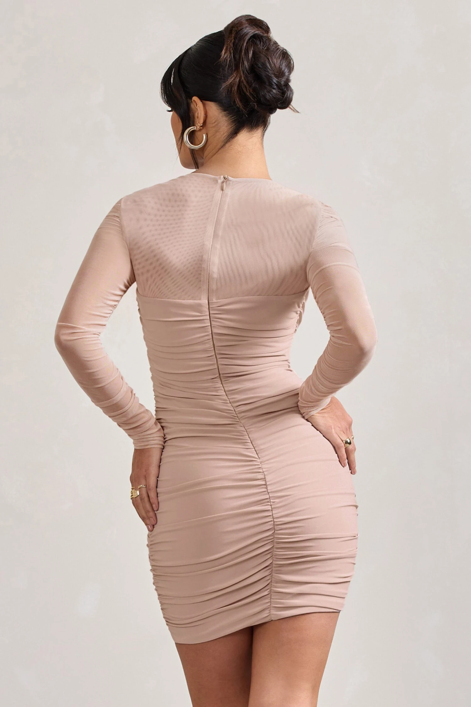 Sparks Fly | Nude Ruched Mesh Long-Sleeved Bodycon Mini Dress - Image 3