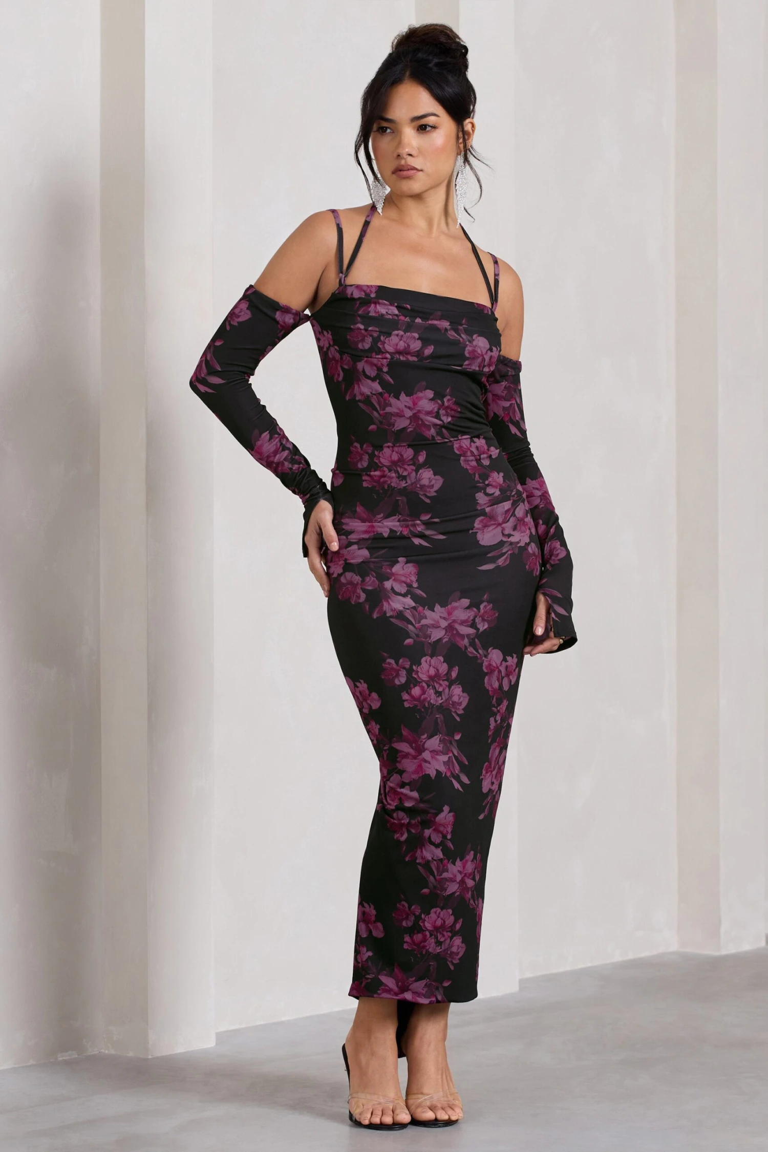 Jessie | Black Floral Print Strappy Long-Sleeved Bodycon Maxi Dress - Image 5