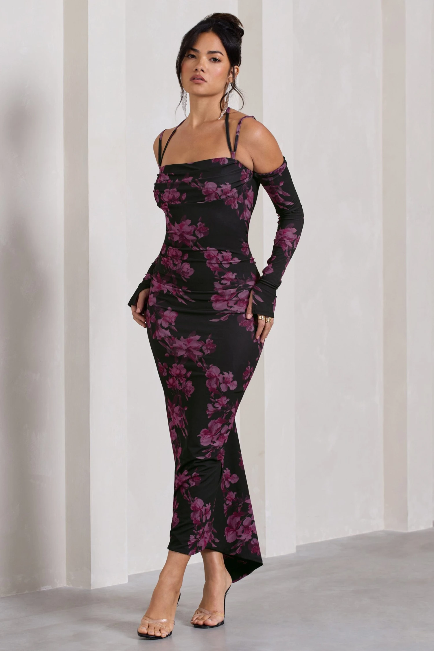 Jessie | Black Floral Print Strappy Long-Sleeved Bodycon Maxi Dress - Image 4