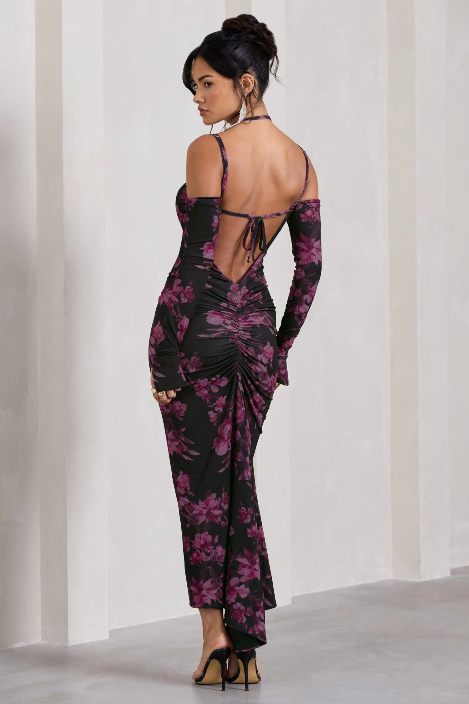 Jessie | Black Floral Print Strappy Long-Sleeved Bodycon Maxi Dress - Image 2