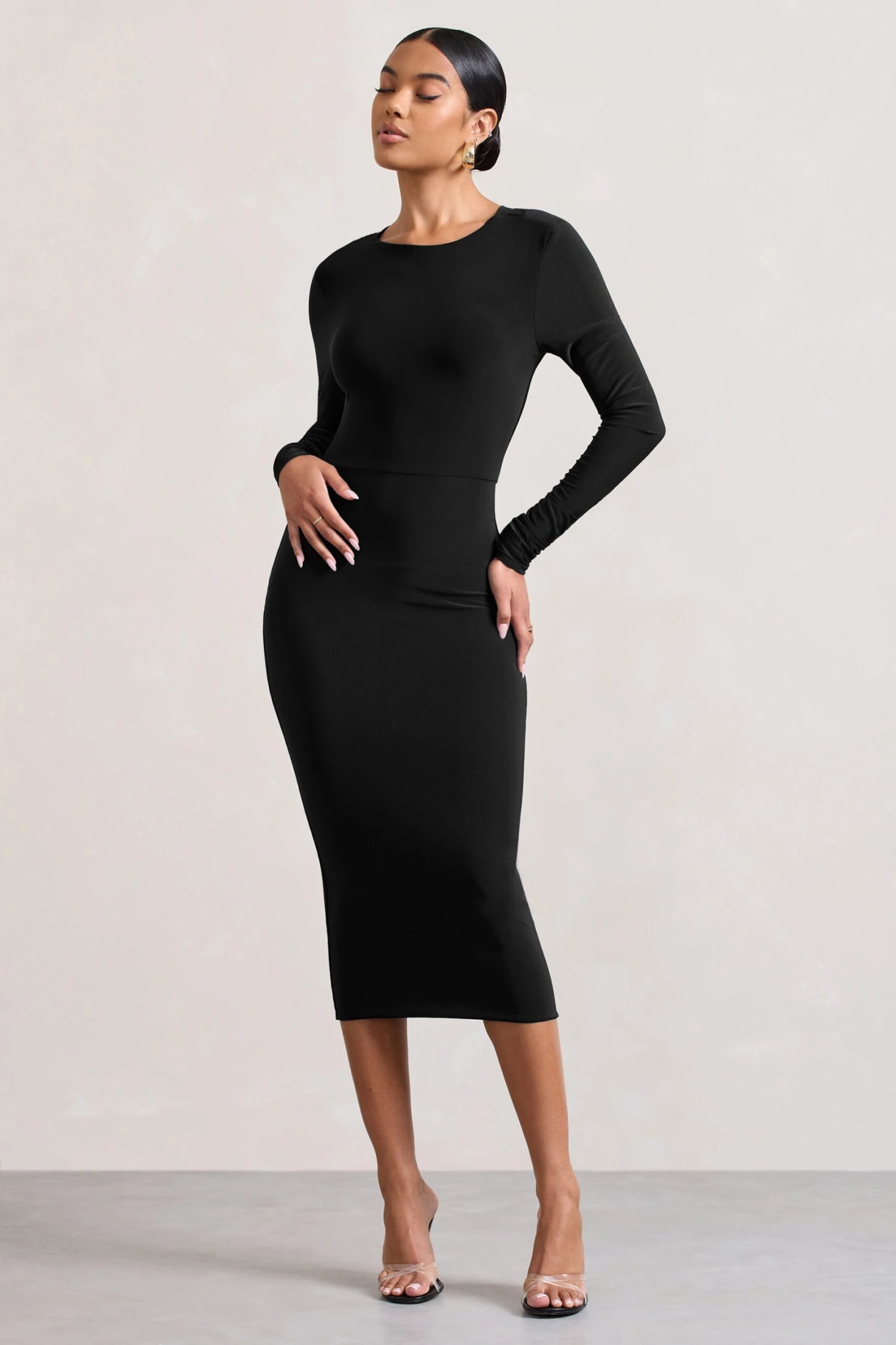 Dynasty Darling | Black Cowl-Back Long-Sleeved Bodycon Midi Dress - Image 4