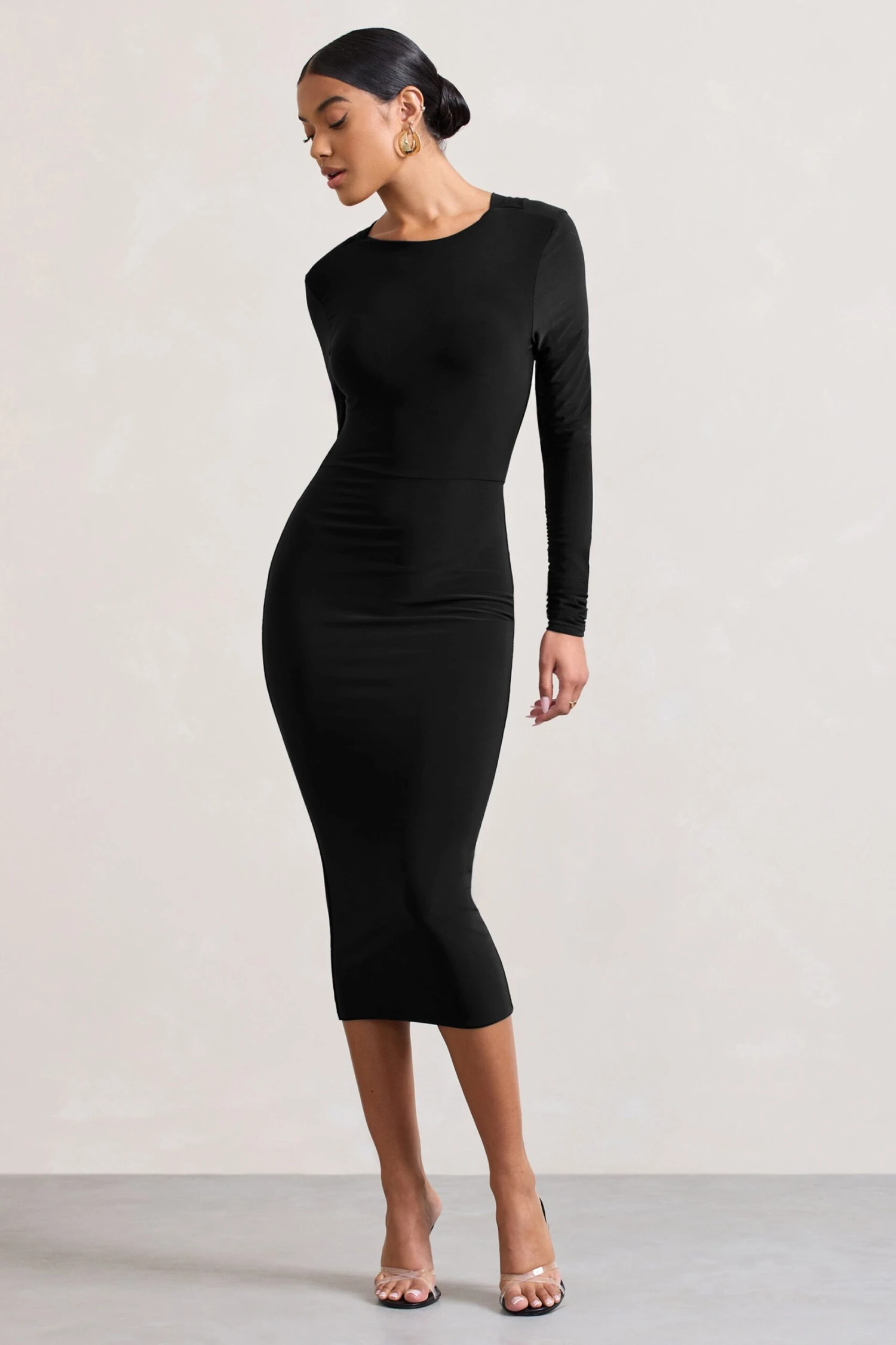 Dynasty Darling | Black Cowl-Back Long-Sleeved Bodycon Midi Dress - Image 5