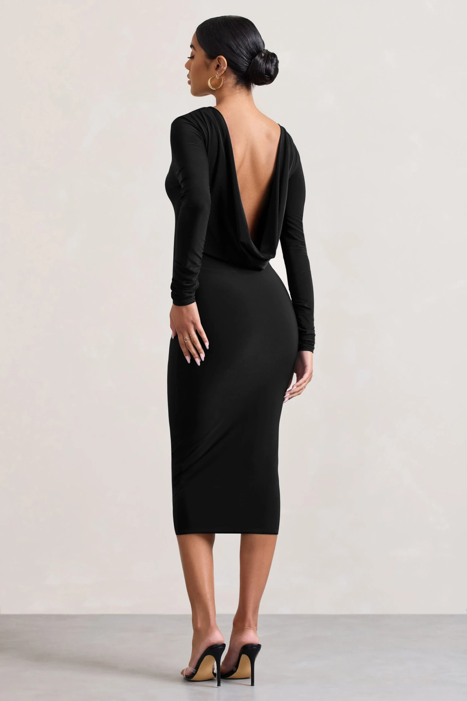 Dynasty Darling | Black Cowl-Back Long-Sleeved Bodycon Midi Dress - Image 2