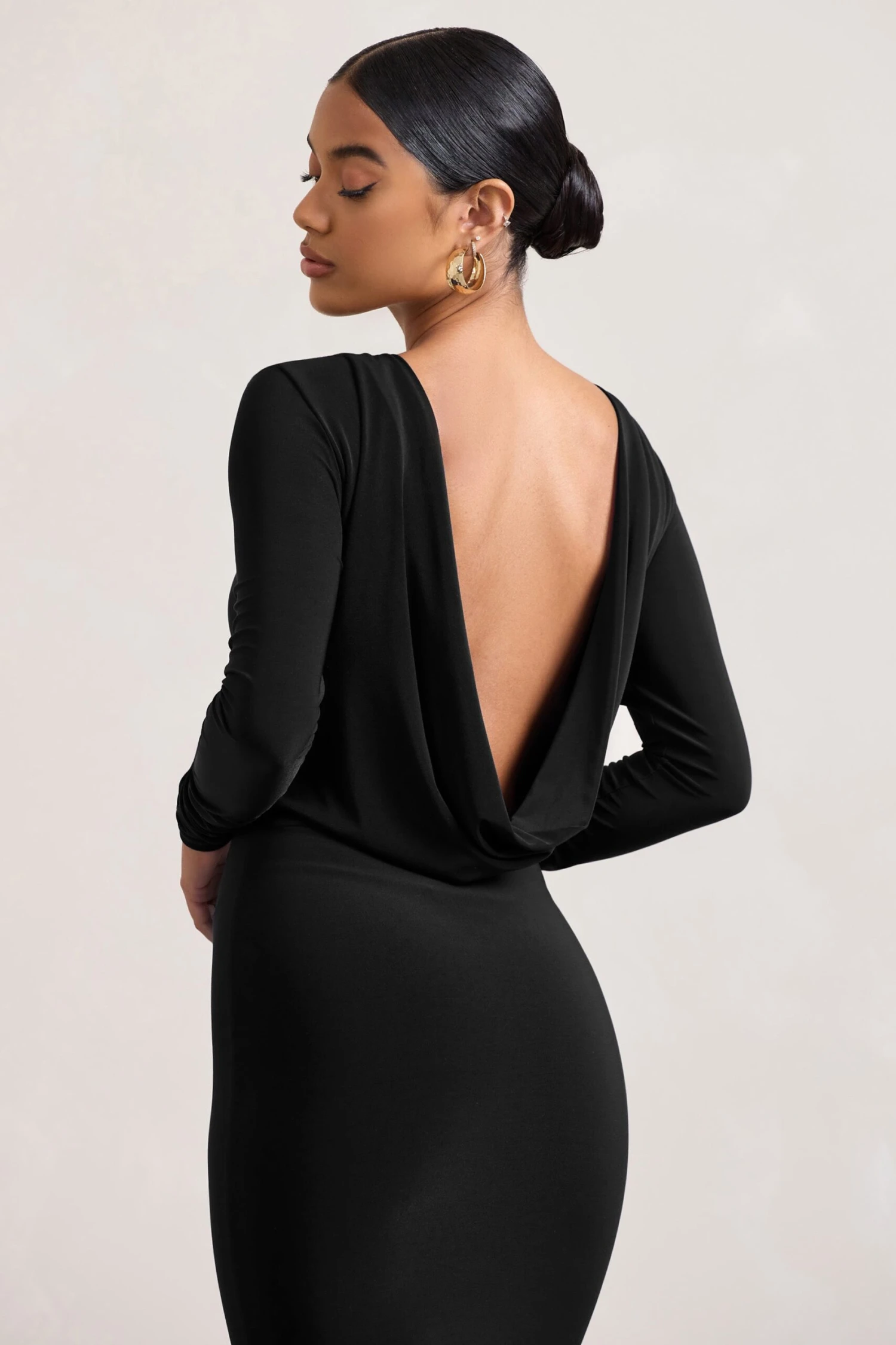 Dynasty Darling | Black Cowl-Back Long-Sleeved Bodycon Midi Dress - Image 3