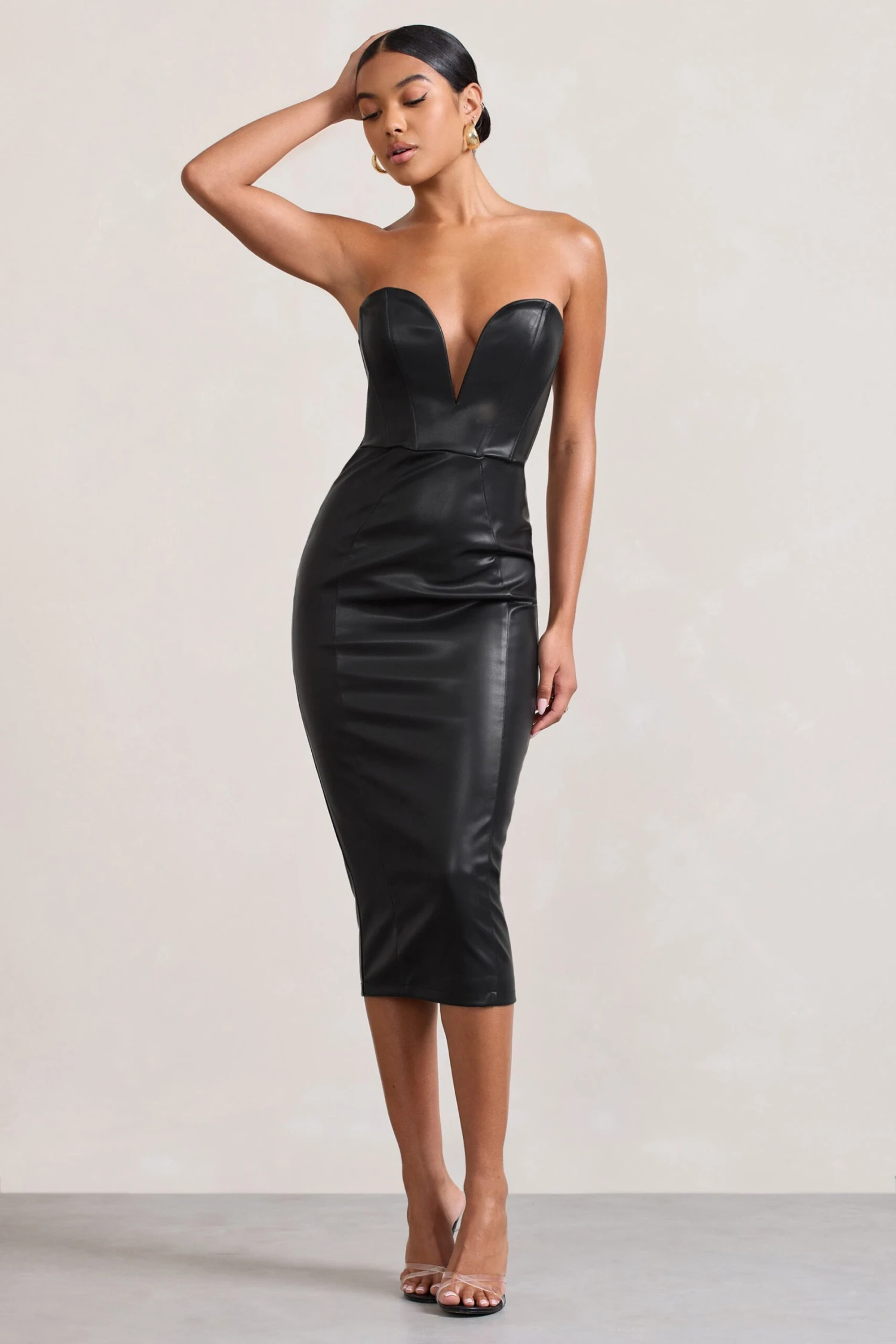 Hailey | Black Faux Leather Strapless Sweetheart Corset Midi Dress - Image 5