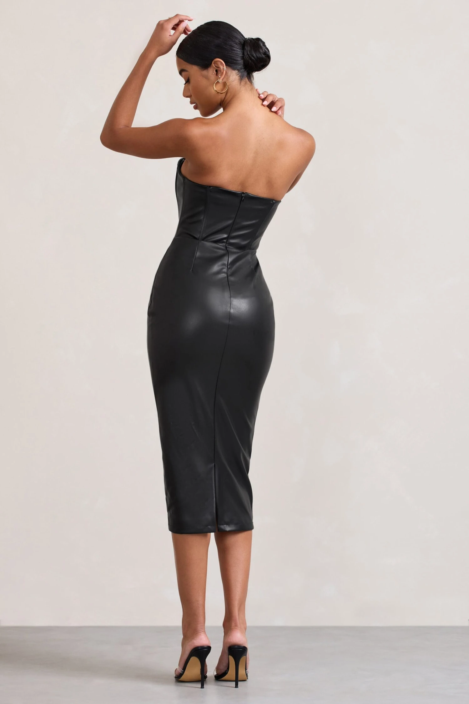 Hailey | Black Faux Leather Strapless Sweetheart Corset Midi Dress - Image 2