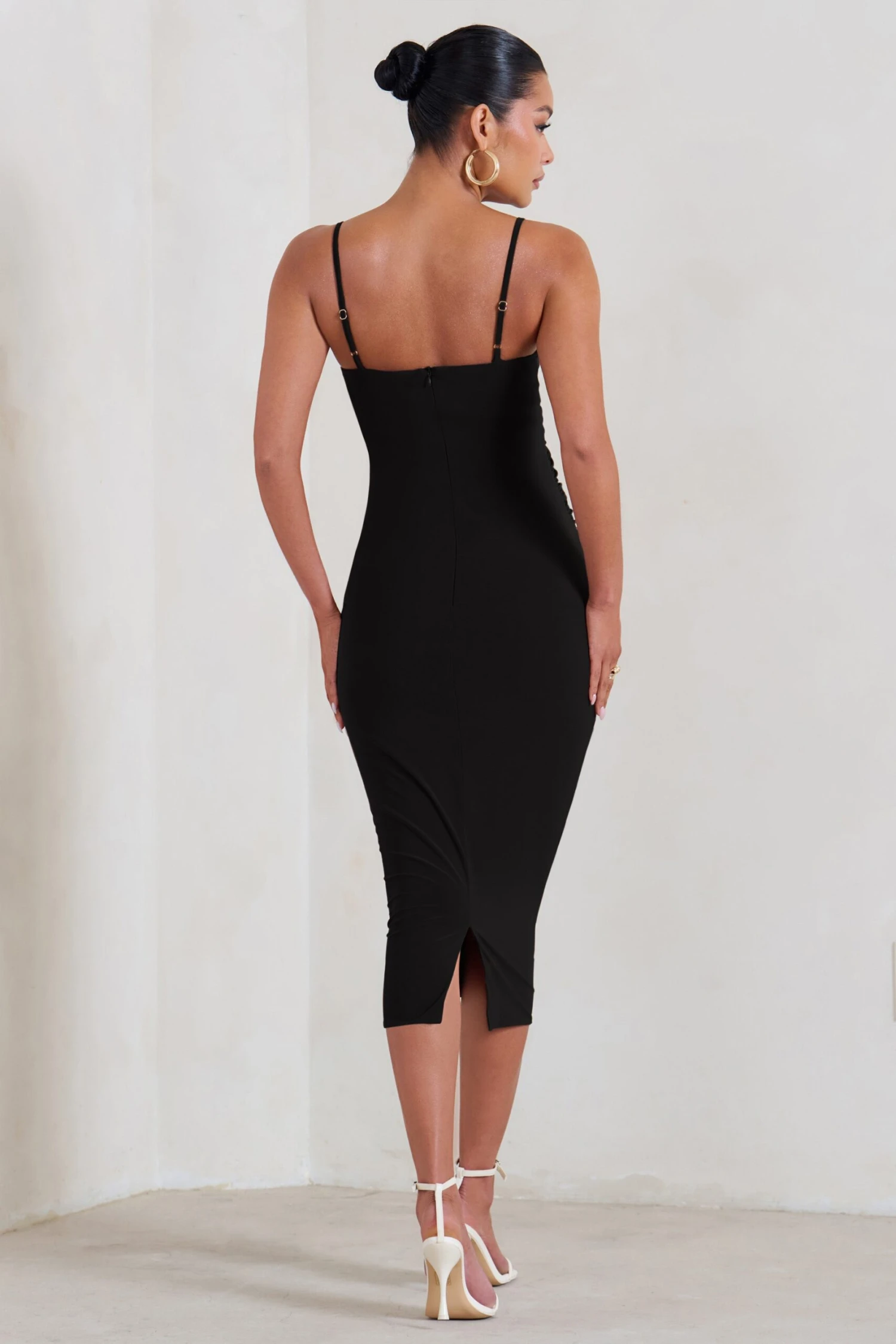 Raquel | Black Maternity Cami Midi Dress With Split - Image 2