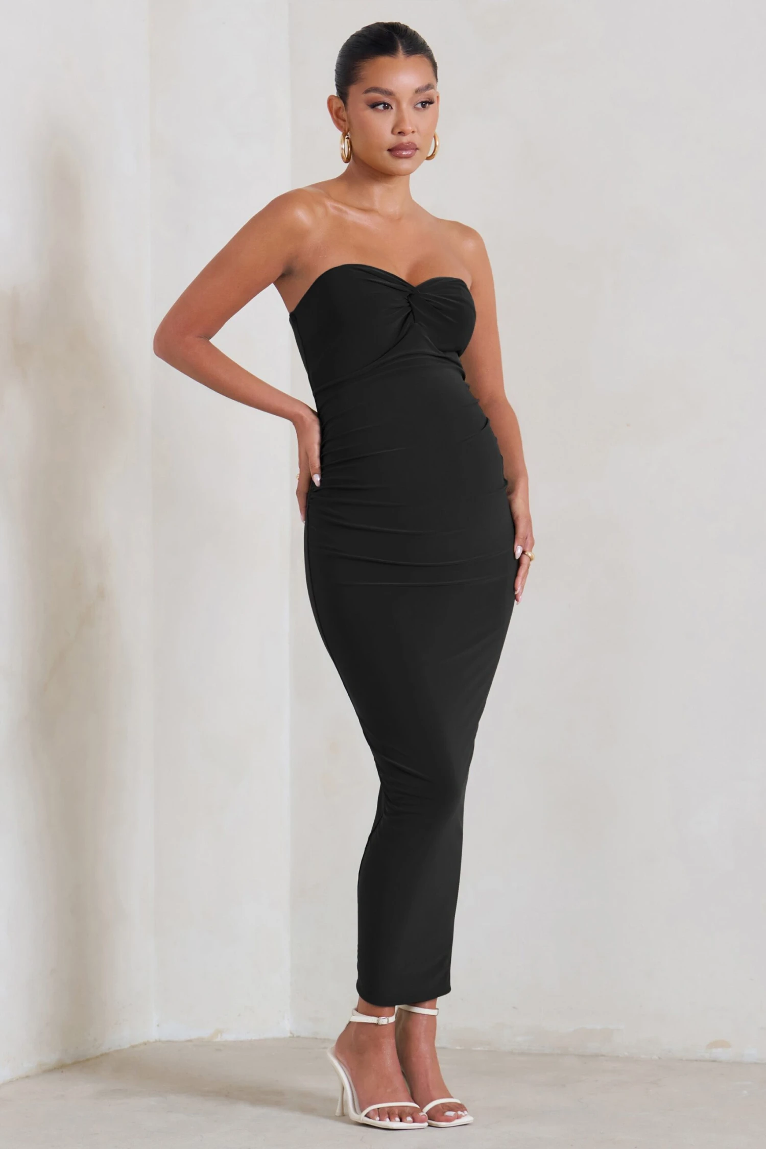 Evita | Black Maternity Sweetheart Twist Detail Midi Dress - Image 4