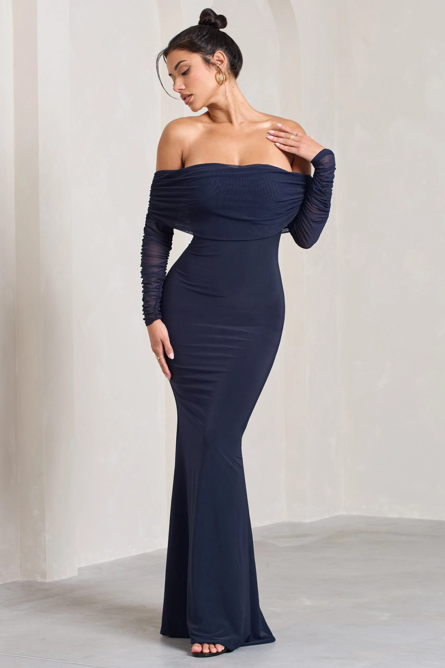 Madeleine | Navy Fishtail Maxi Dress With Bardot Mesh Long Sleeves - Image 5