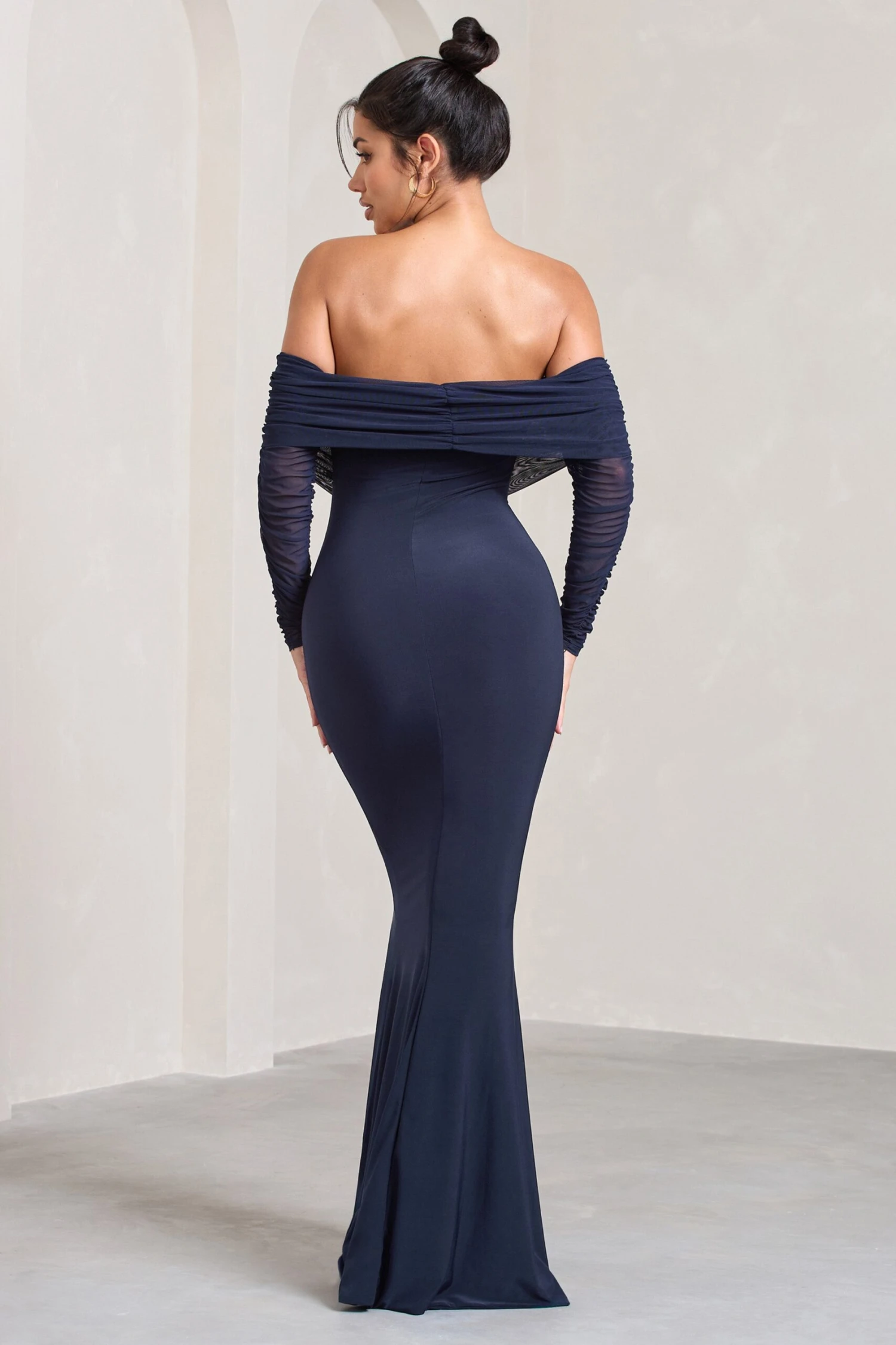 Madeleine | Navy Fishtail Maxi Dress With Bardot Mesh Long Sleeves - Image 2