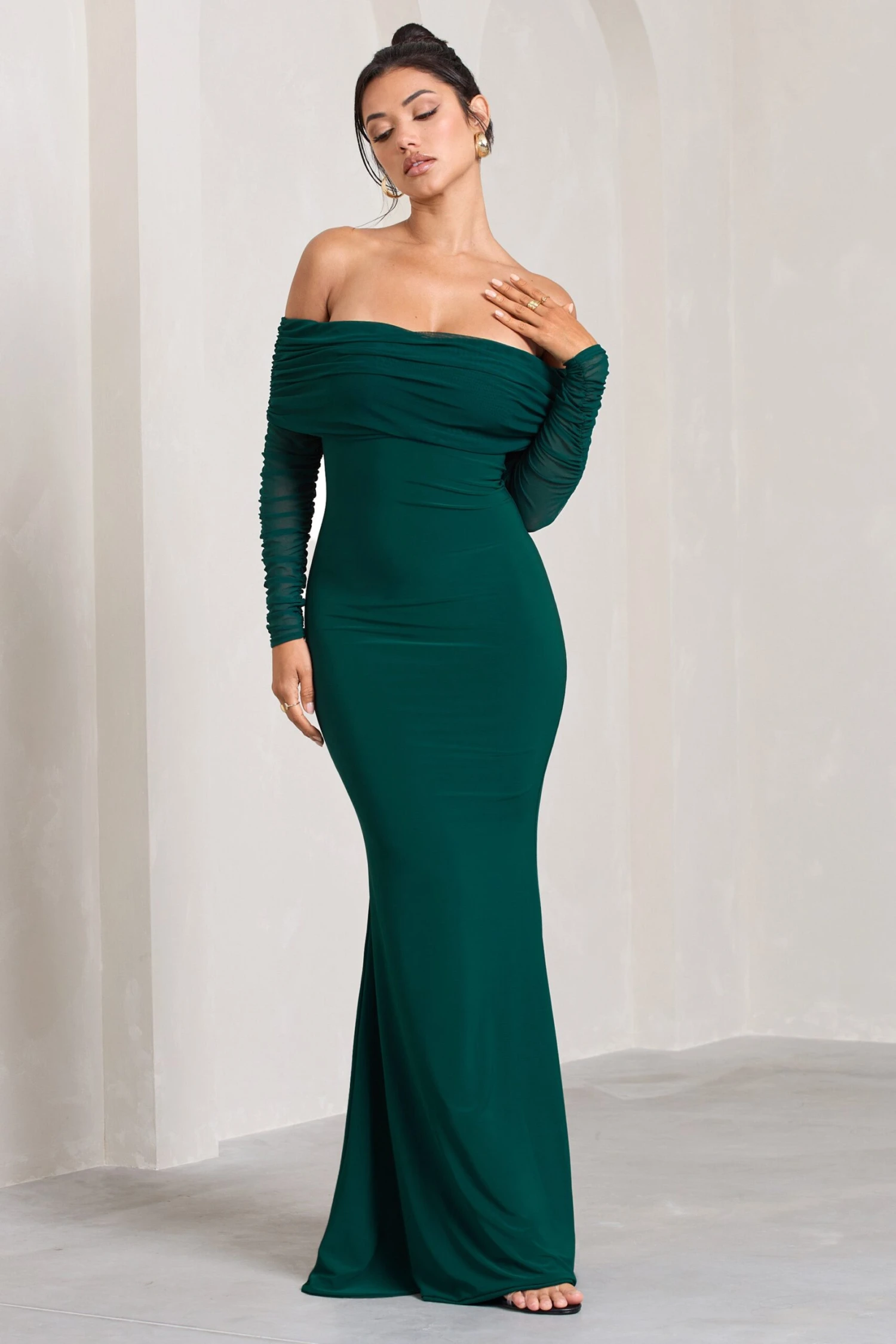 Madeleine | Bottle Green Fishtail Maxi Dress With Bardot Mesh Long Sleeves - Image 4
