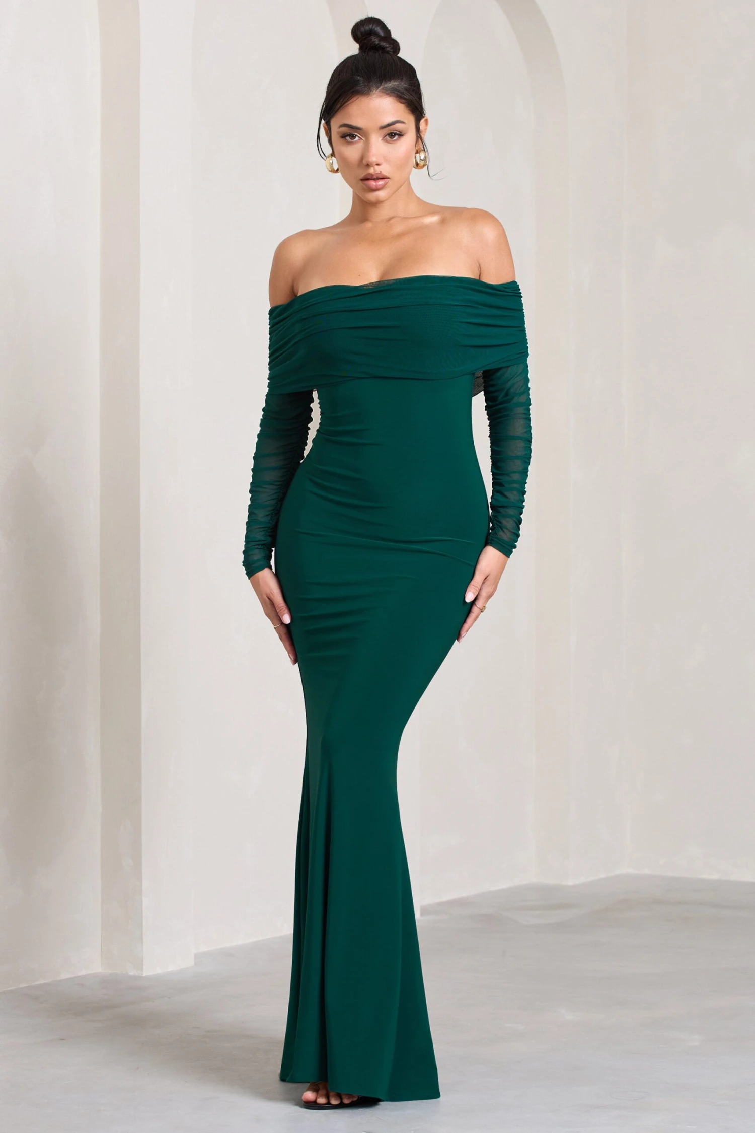 Madeleine | Bottle Green Fishtail Maxi Dress With Bardot Mesh Long Sleeves - Image 5