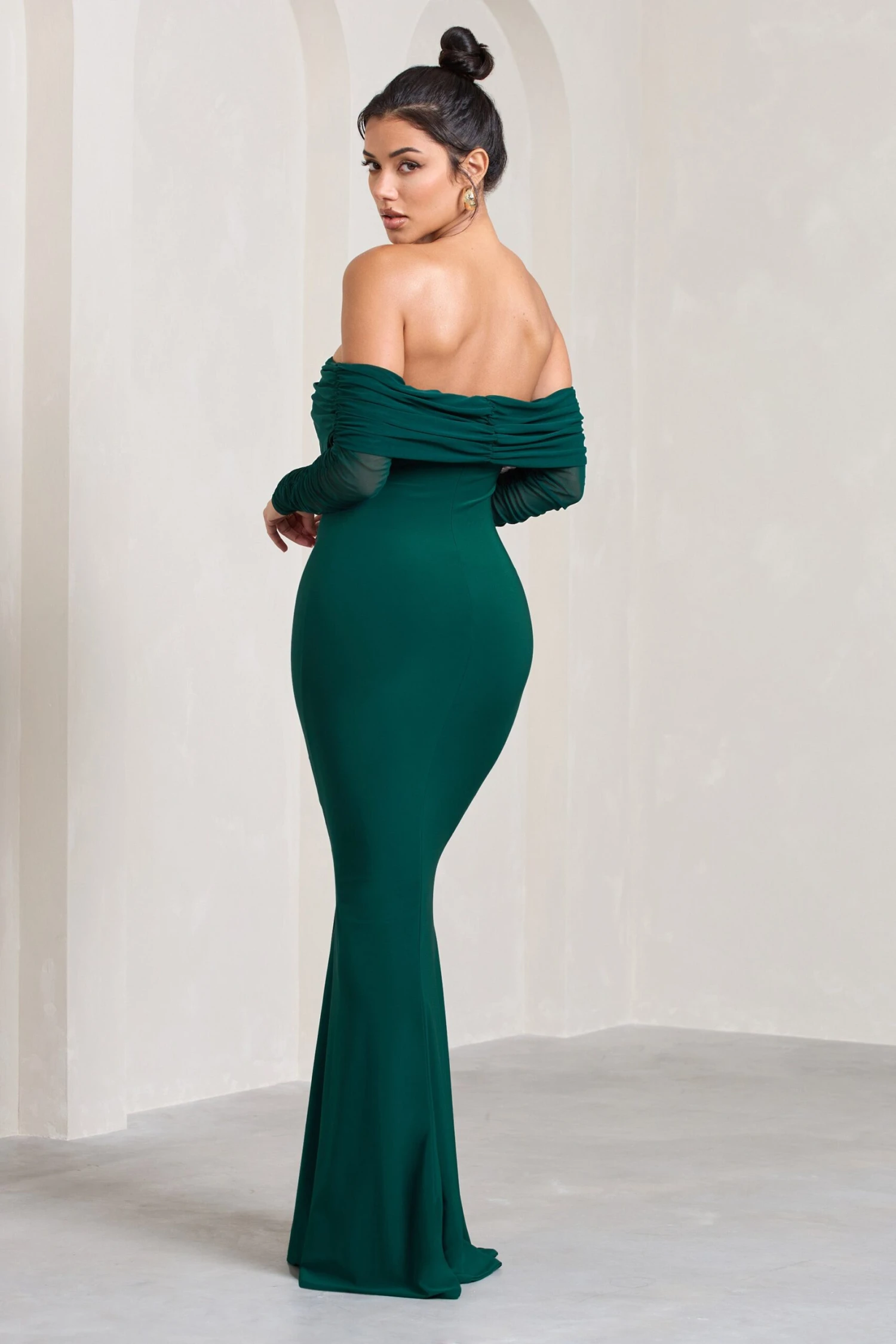 Madeleine | Bottle Green Fishtail Maxi Dress With Bardot Mesh Long Sleeves - Image 2