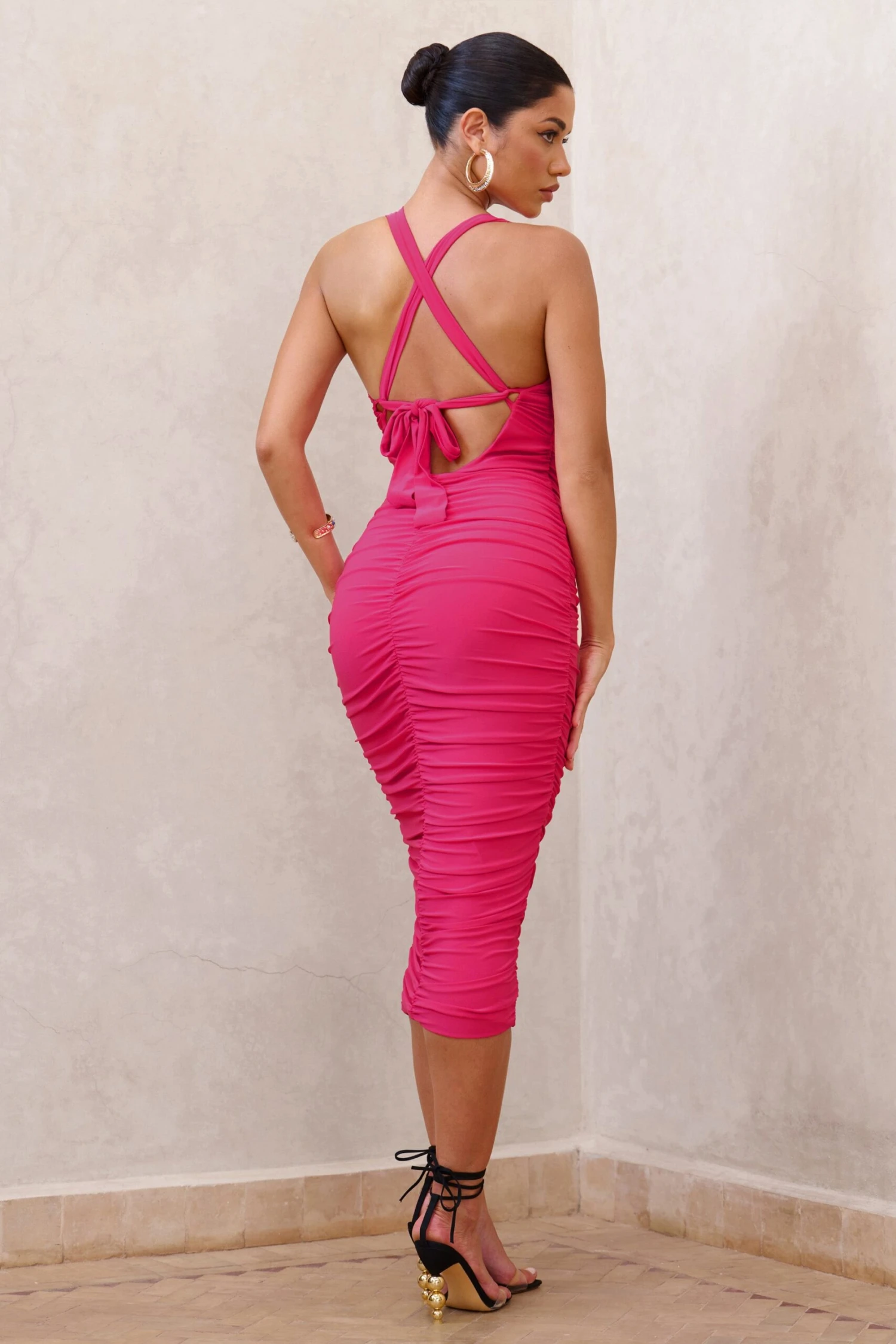 Embody | Hot Pink Cut Out Twist Front Ruched Midi Dress - Image 2