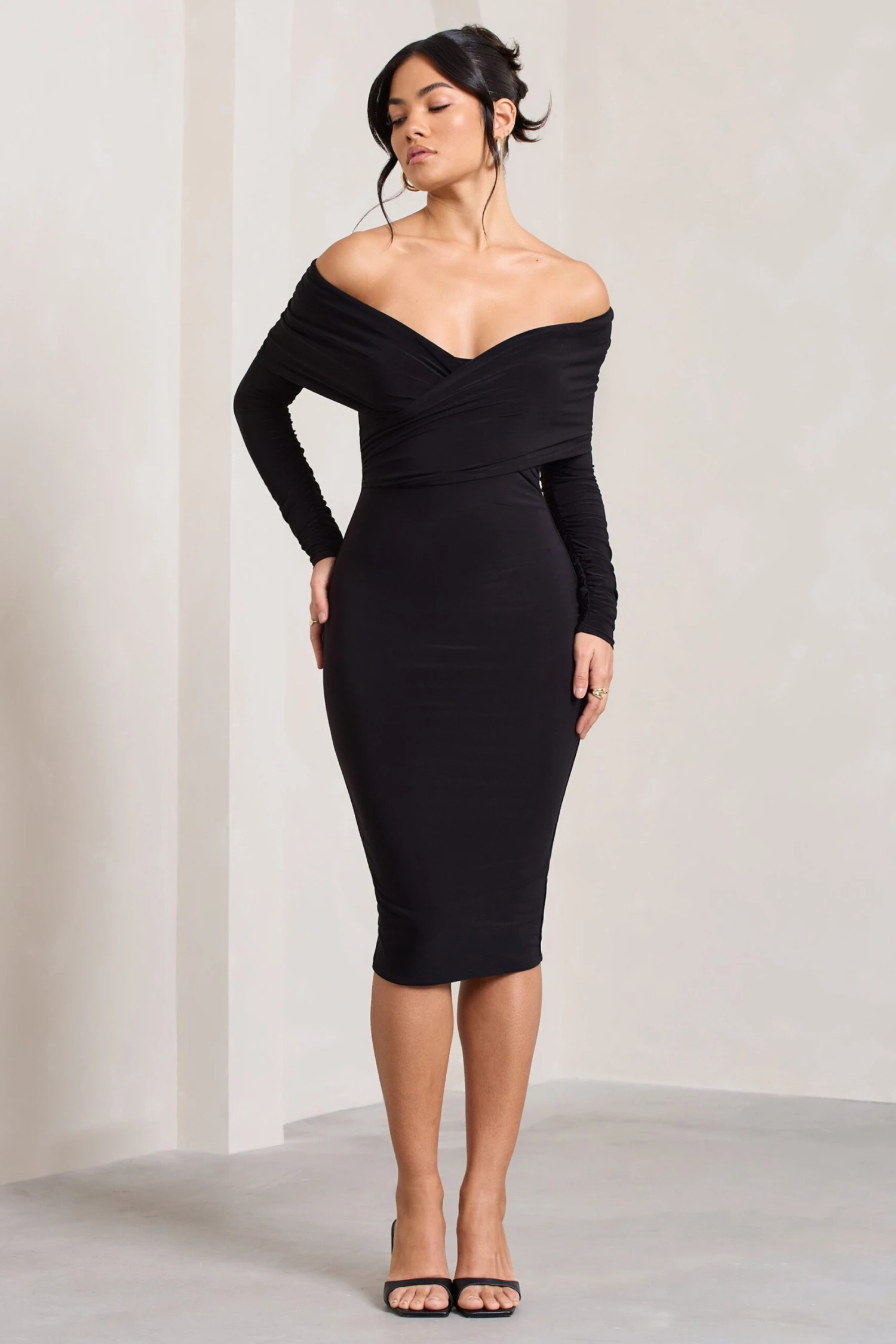 Flatter Me | Black Twist Front Bardot Midi Dress - Image 4