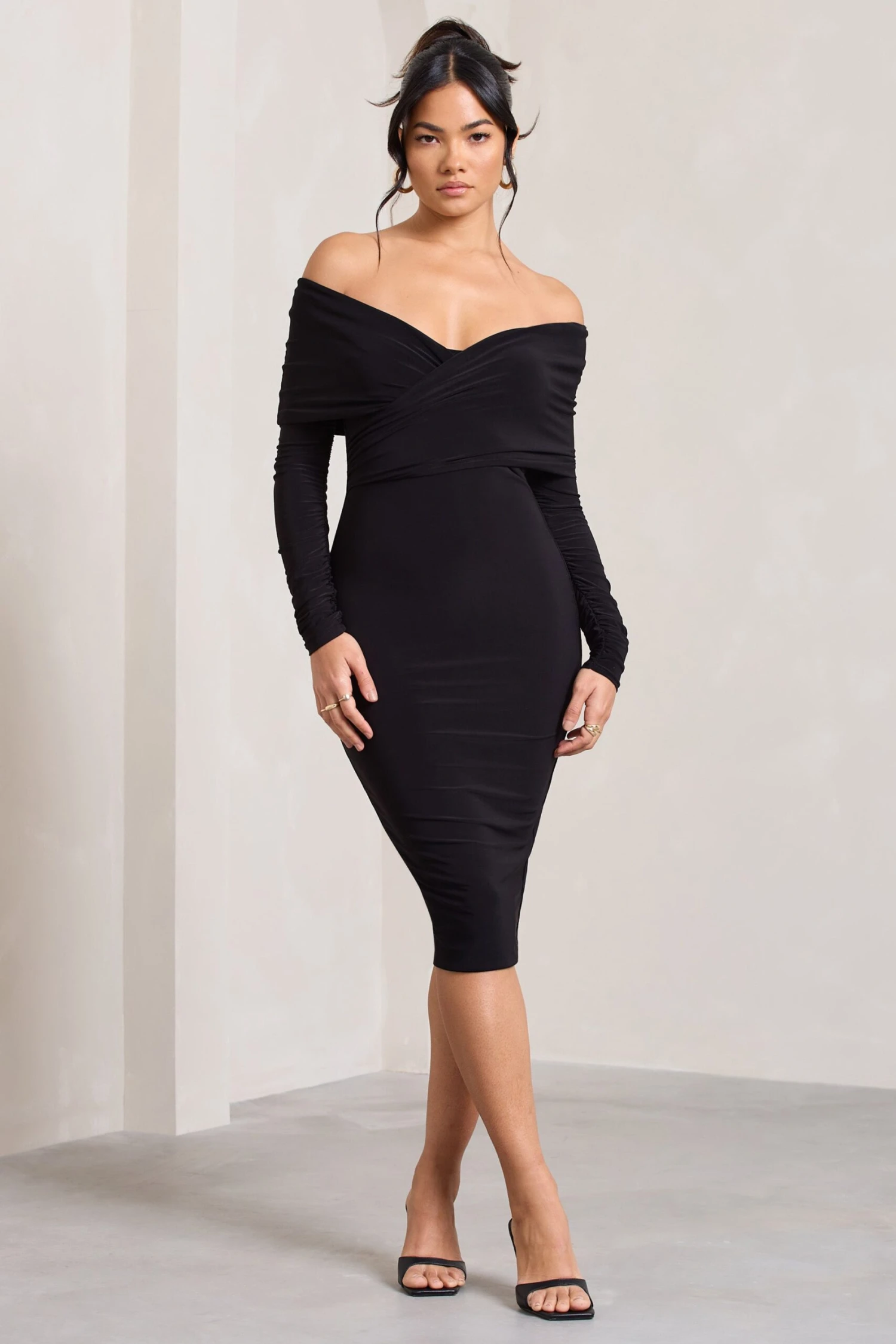 Flatter Me | Black Twist Front Bardot Midi Dress - Image 5