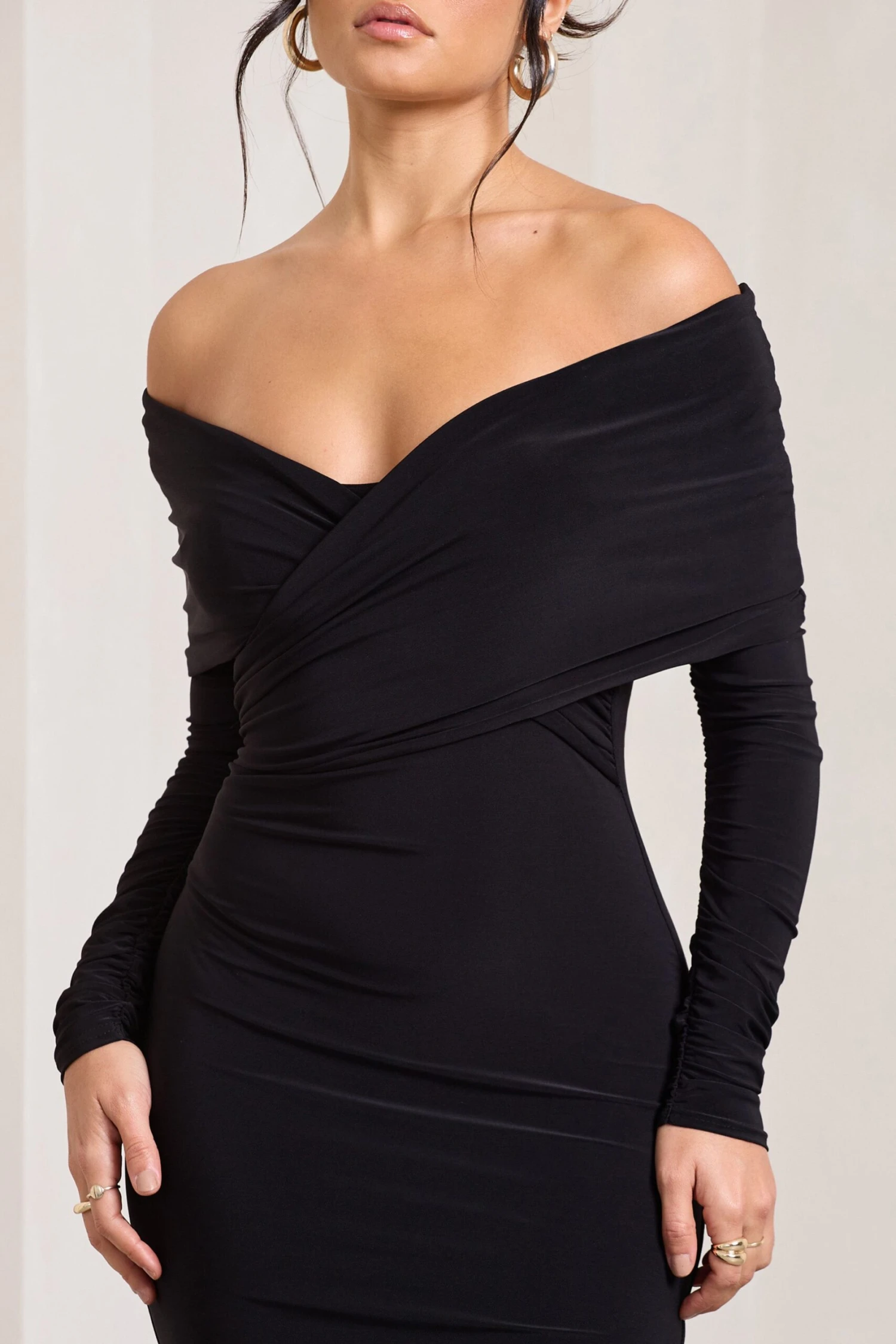 Flatter Me | Black Twist Front Bardot Midi Dress - Image 3