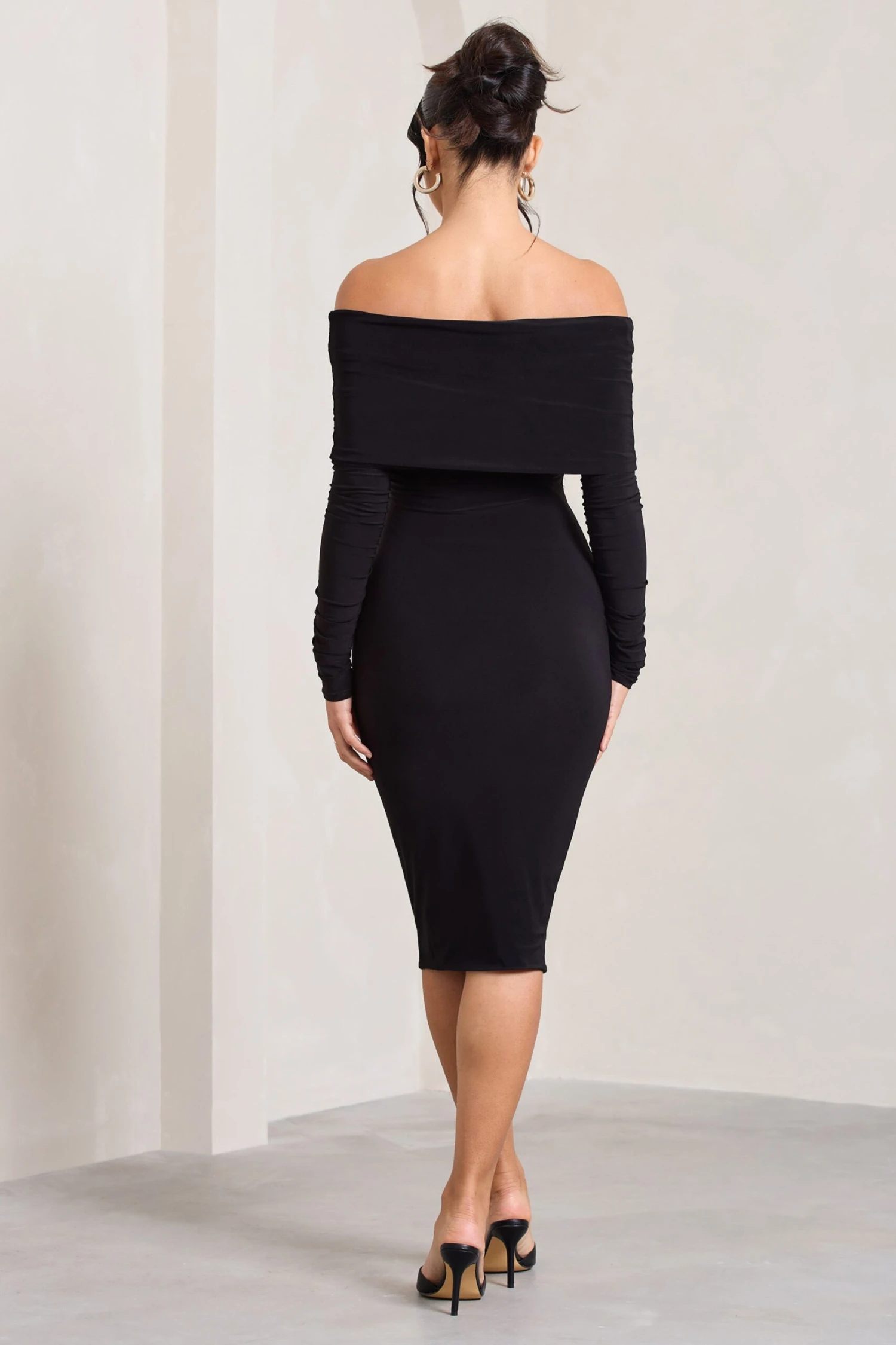 Flatter Me | Black Twist Front Bardot Midi Dress - Image 2