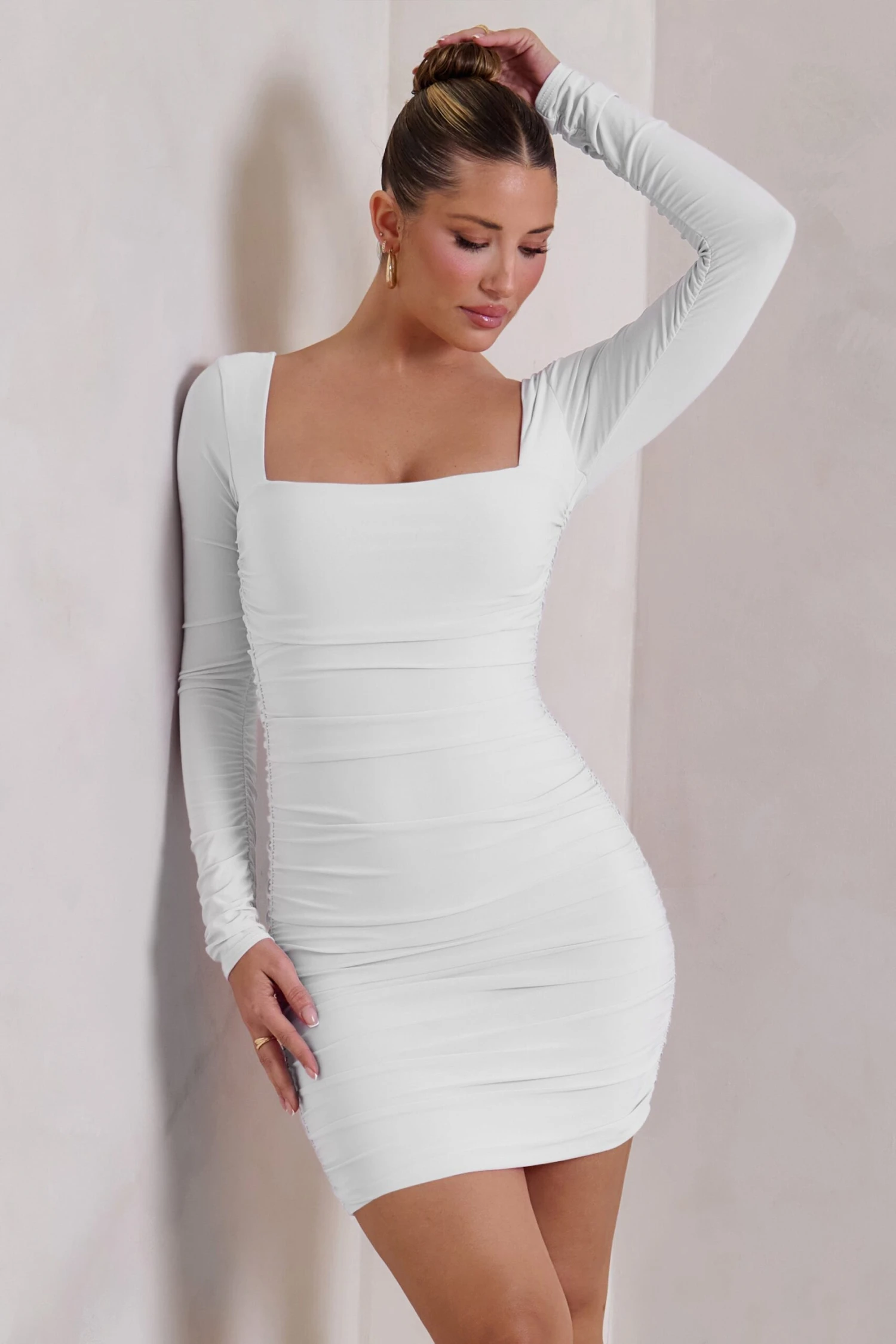 Muse | White Long Sleeve Square Neck Ruched Mini Dress - Image 4
