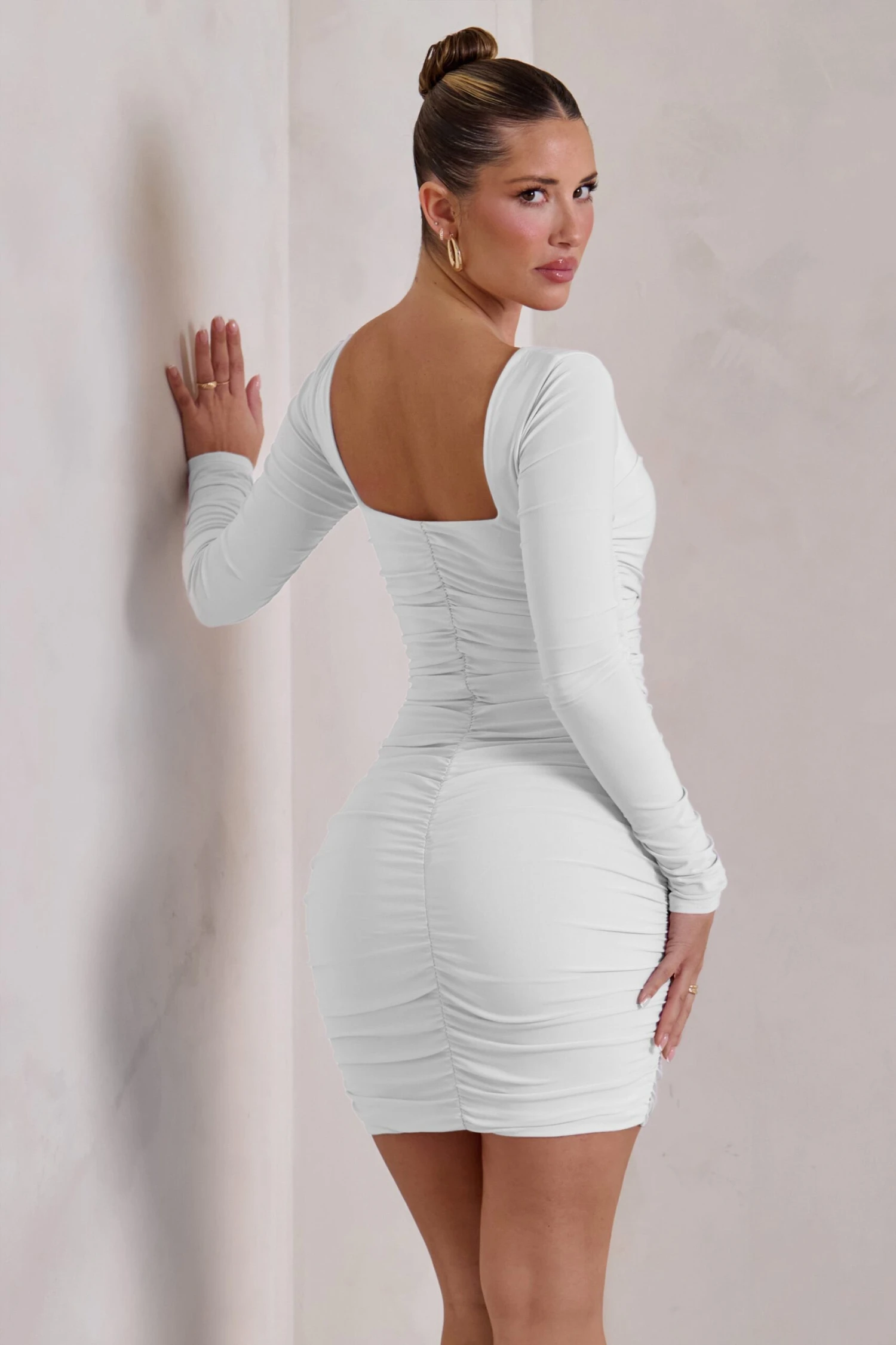 Muse | White Long Sleeve Square Neck Ruched Mini Dress - Image 2