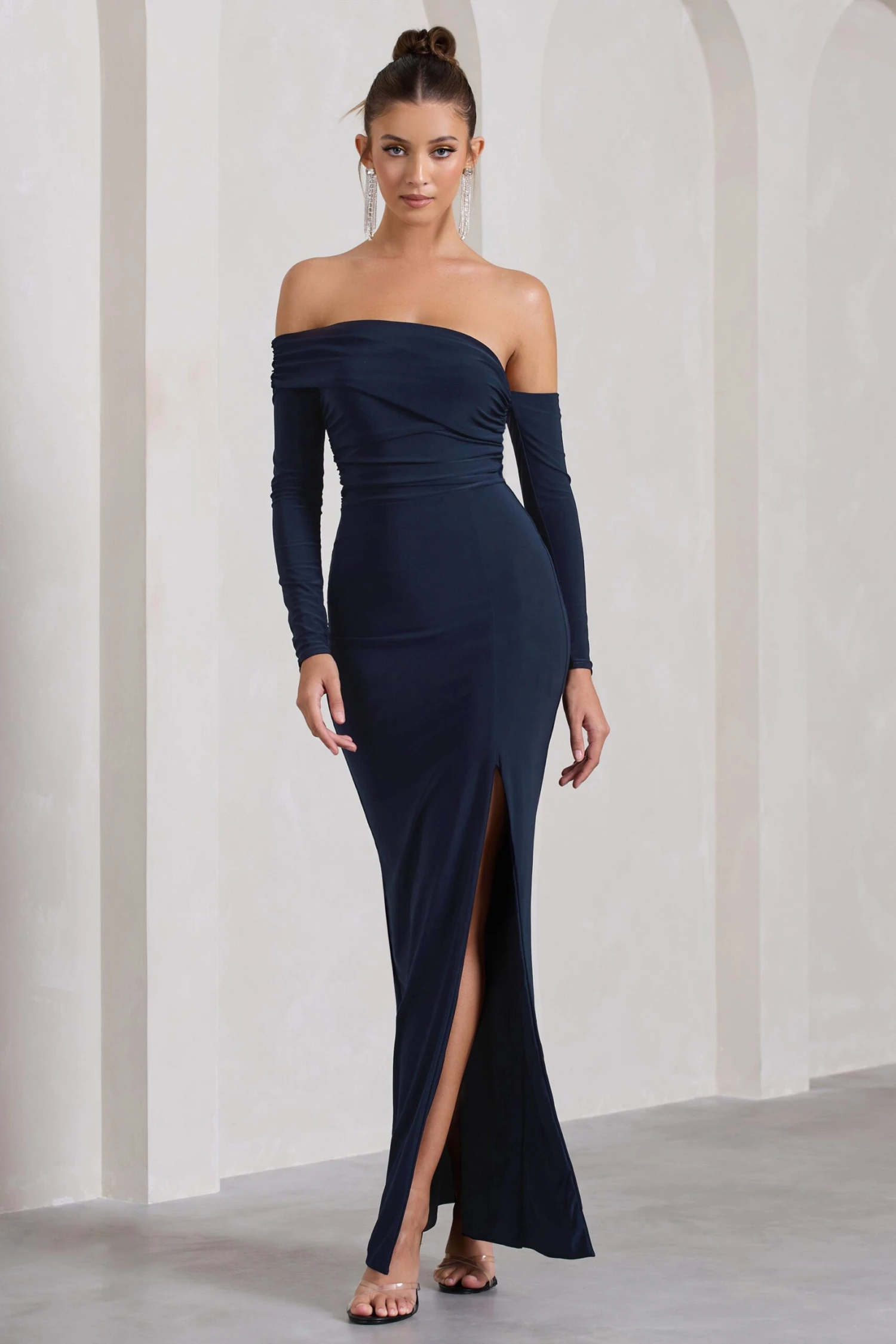 Stand Out | Navy Bardot Ruched Maxi With Sleeves And Side Split - Image 4