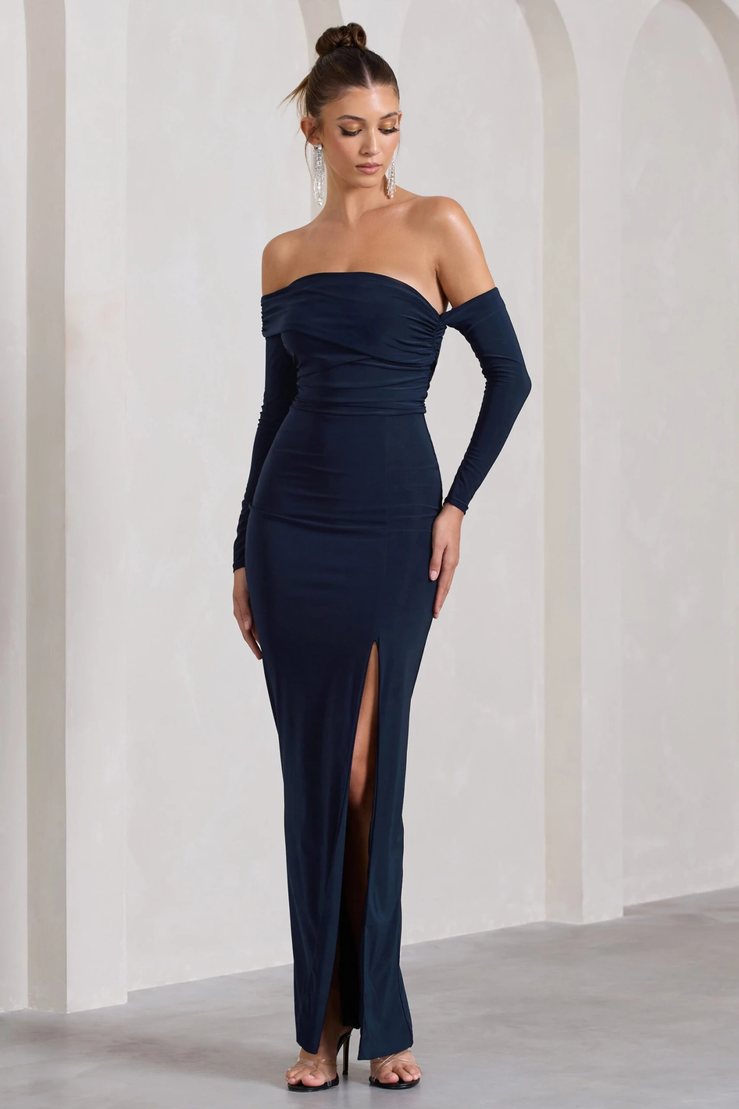 Stand Out | Navy Bardot Ruched Maxi With Sleeves And Side Split - Image 5