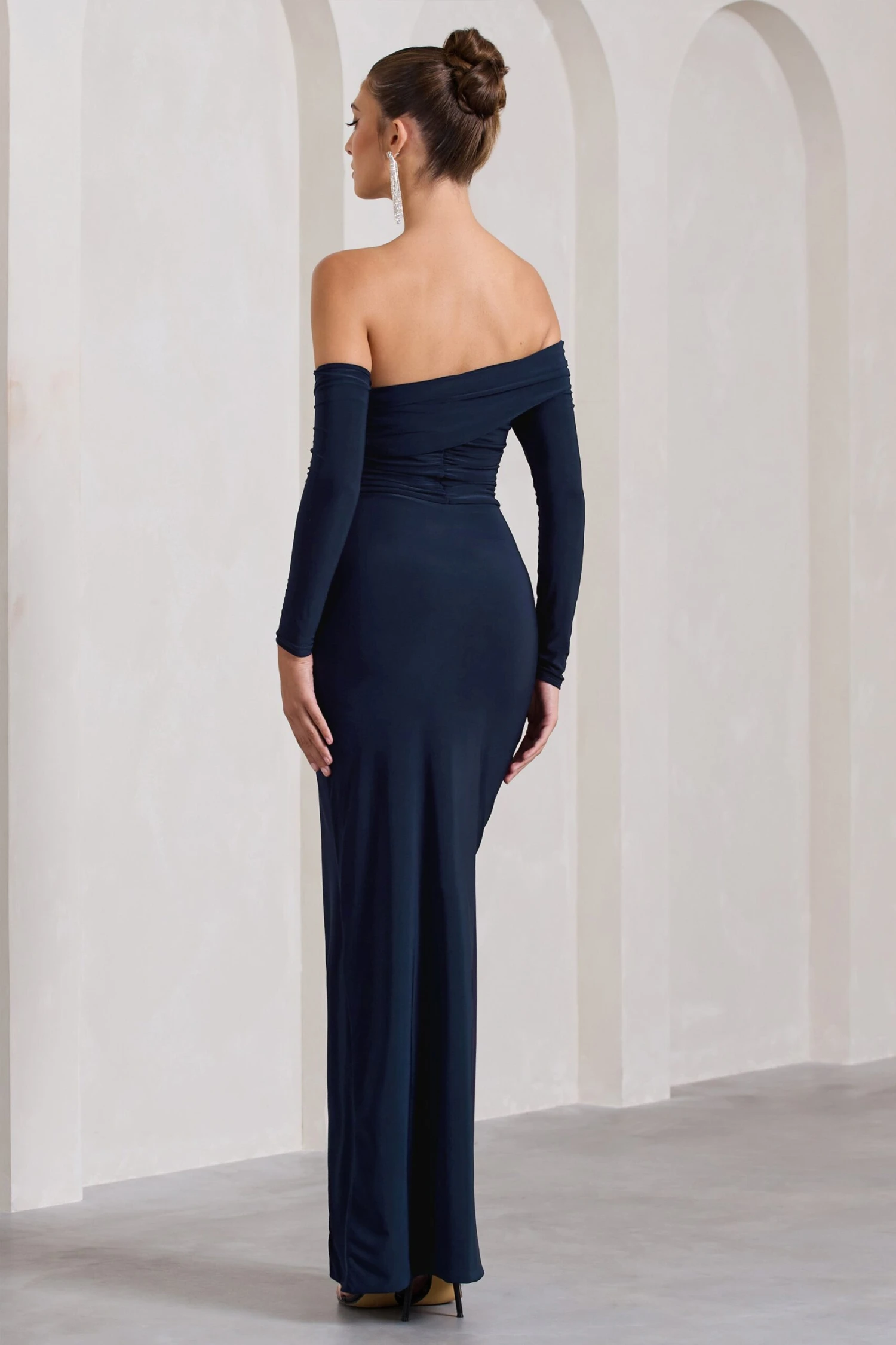 Stand Out | Navy Bardot Ruched Maxi With Sleeves And Side Split - Image 2