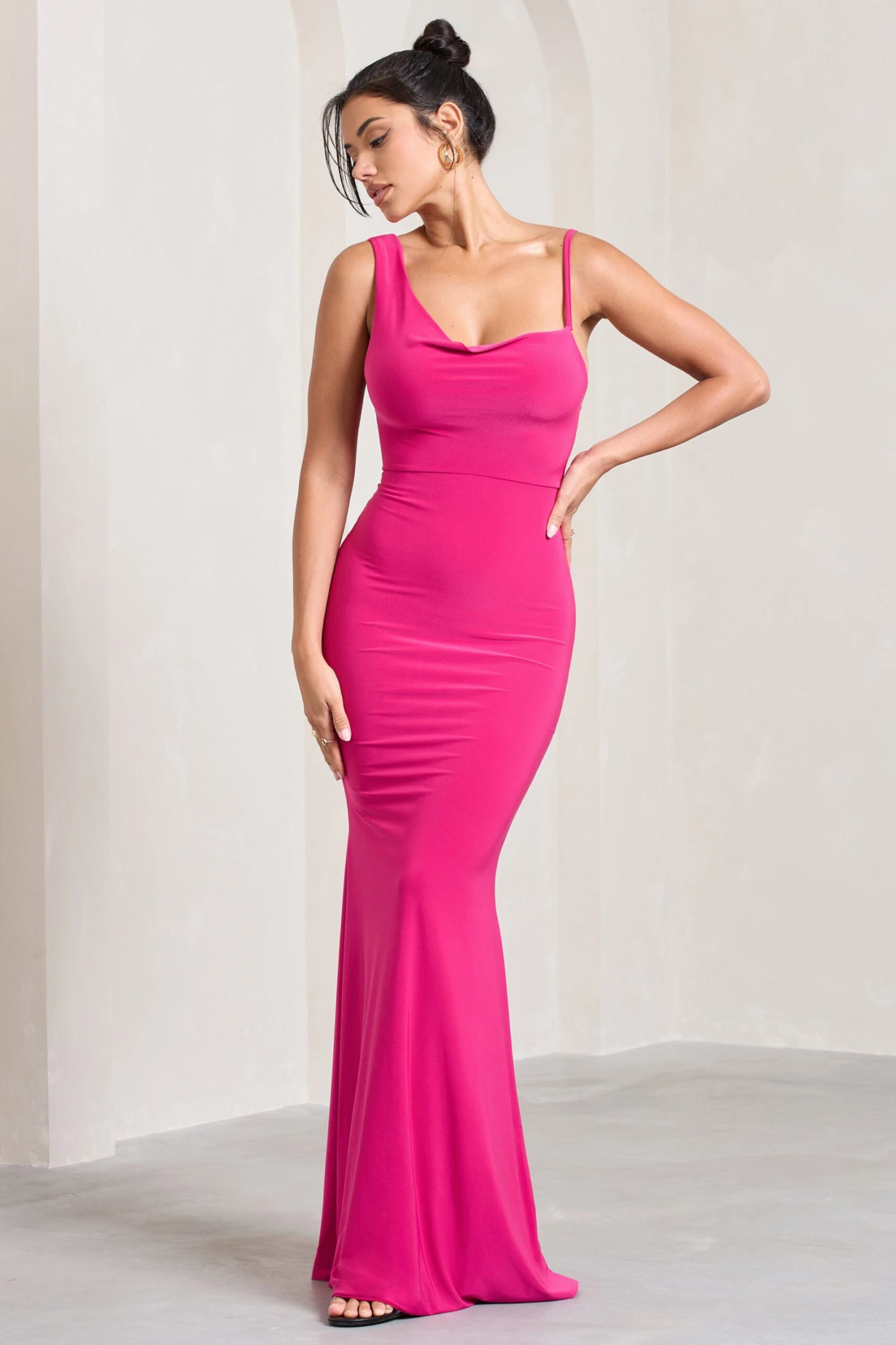 Phantasy | Hot Pink Asymmetric Neckline Cowl Maxi Dress - Image 4