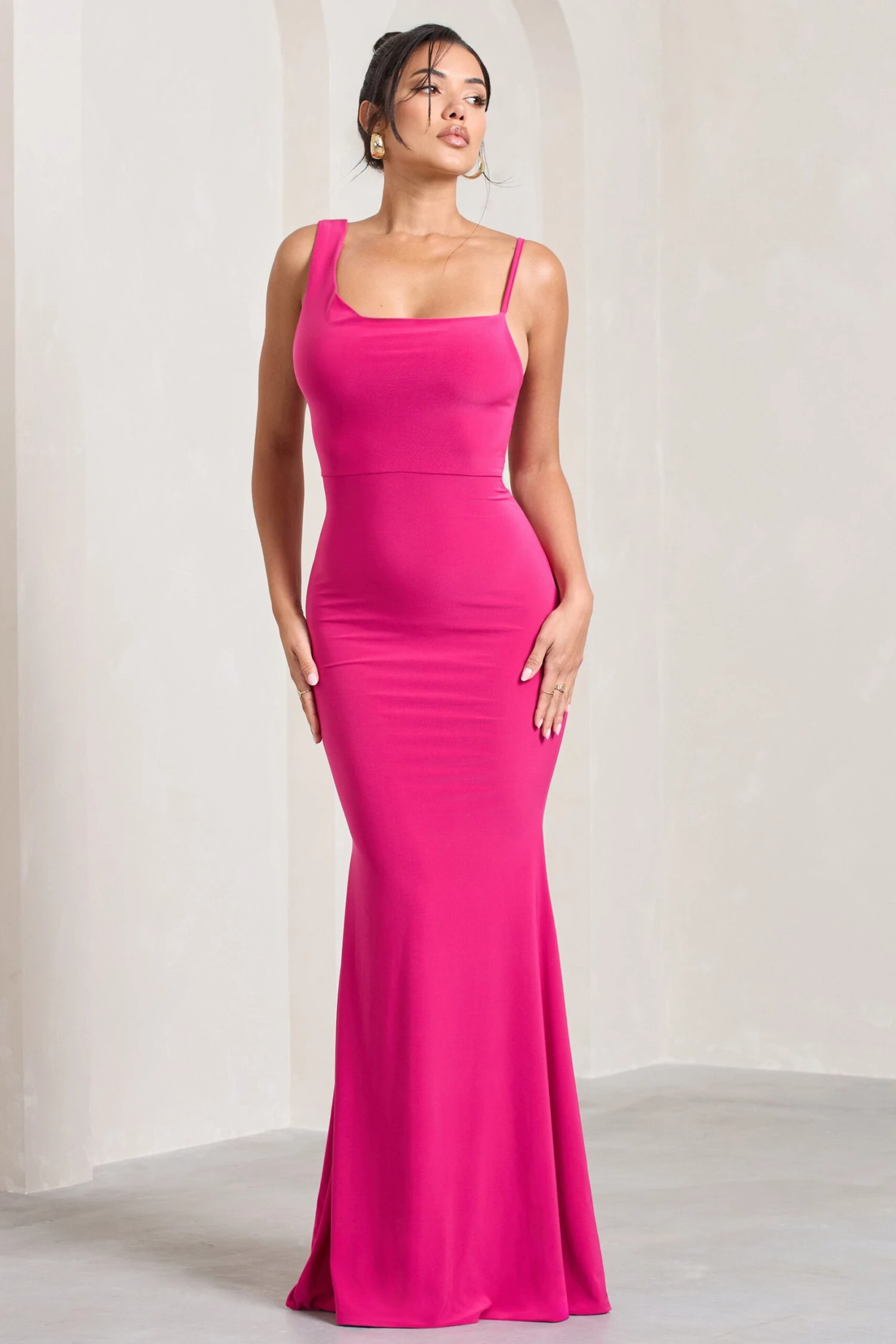 Phantasy | Hot Pink Asymmetric Neckline Cowl Maxi Dress - Image 5