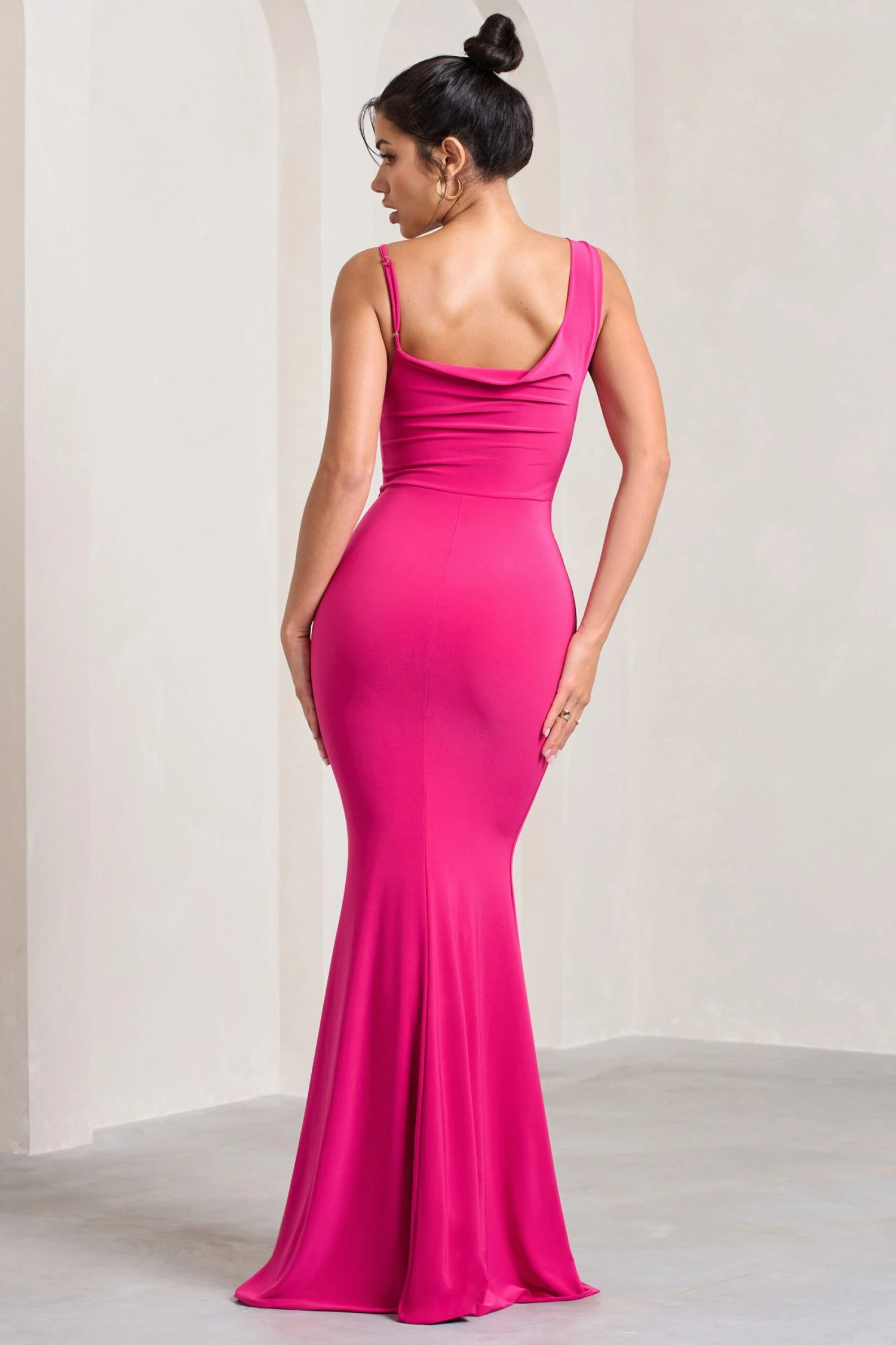 Phantasy | Hot Pink Asymmetric Neckline Cowl Maxi Dress - Image 2