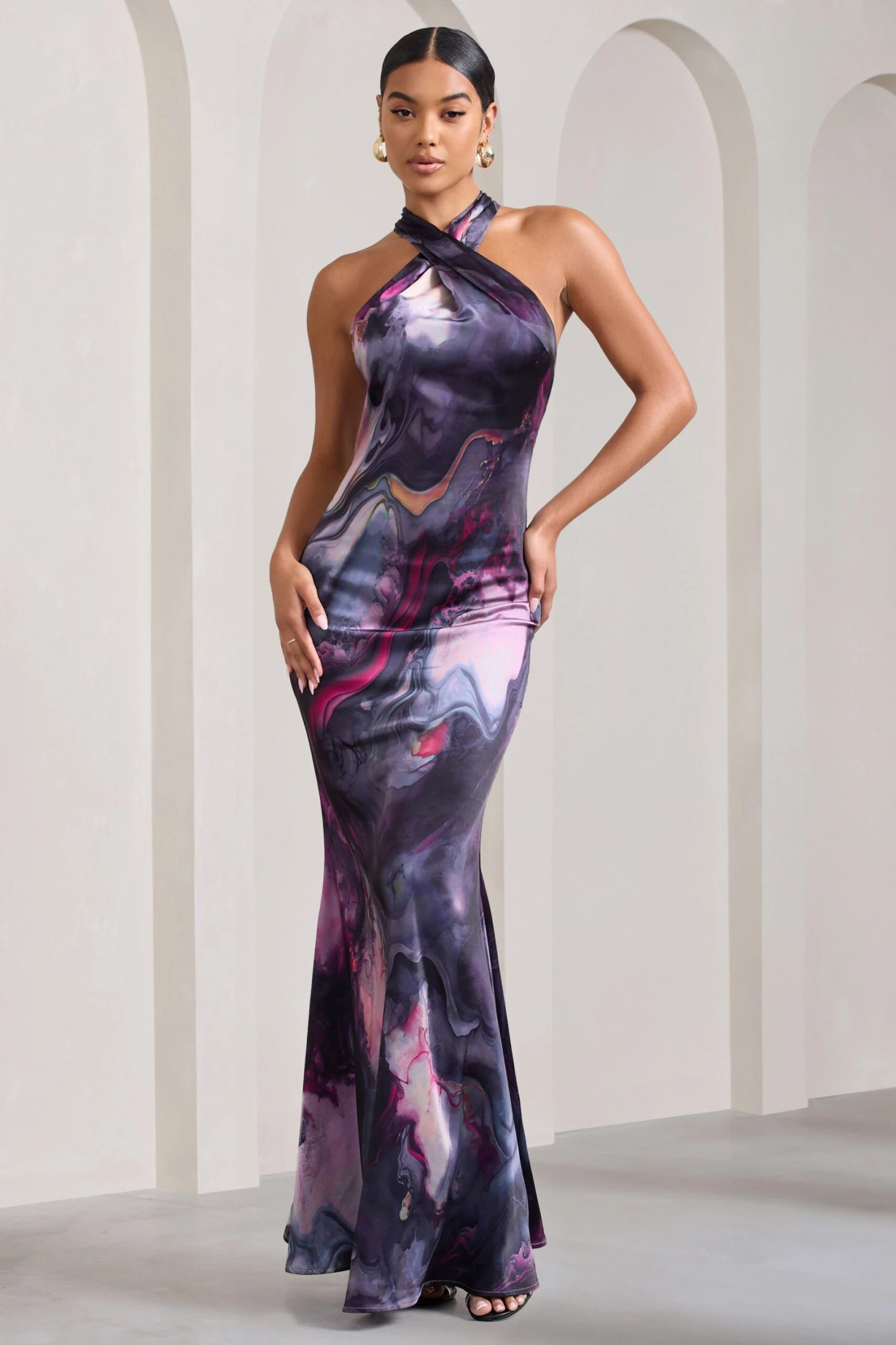 Unstoppable | Marble Print Satin Cross Over Halterneck Maxi Dress - Image 4