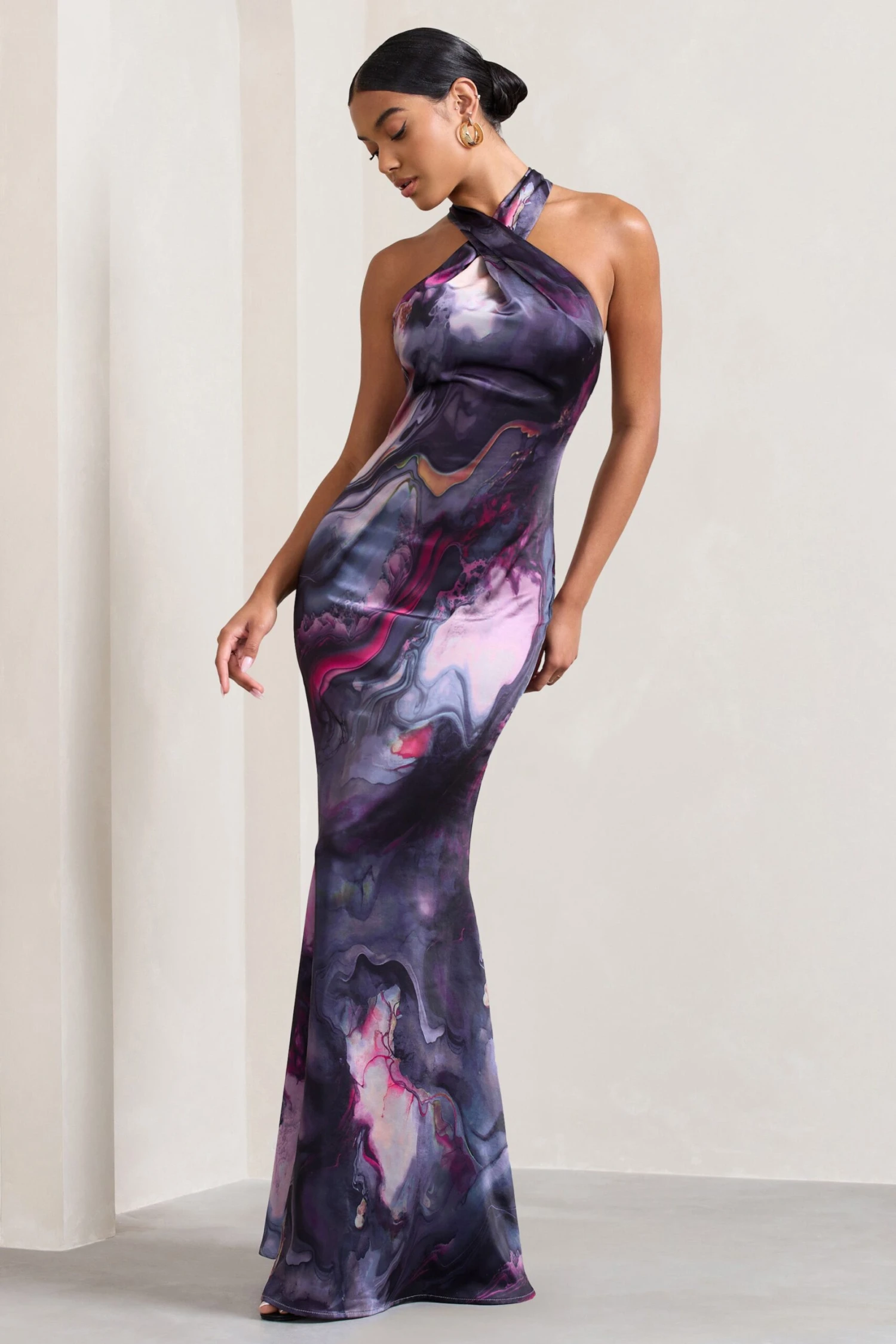 Unstoppable | Marble Print Satin Cross Over Halterneck Maxi Dress - Image 5