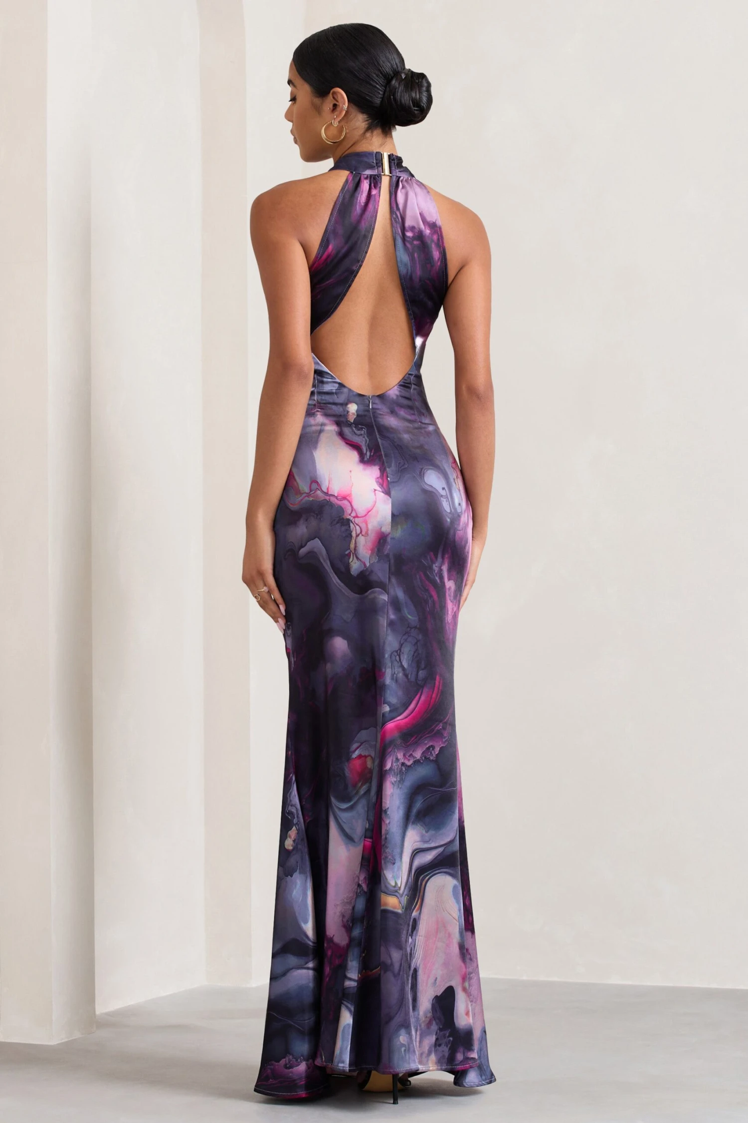 Unstoppable | Marble Print Satin Cross Over Halterneck Maxi Dress - Image 2