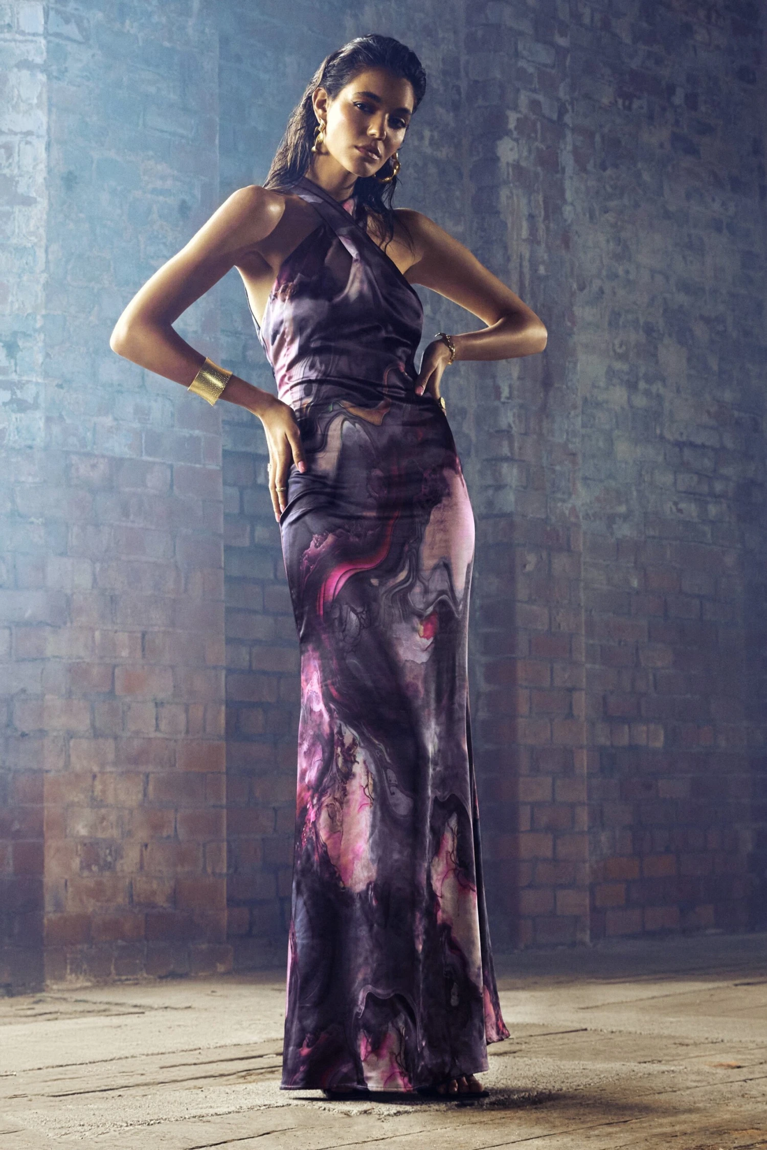 Unstoppable | Marble Print Satin Cross Over Halterneck Maxi Dress - Image 6