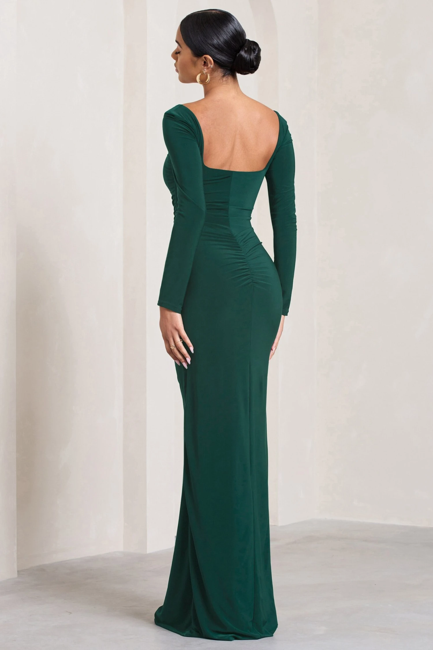 My Pleasure | Bottle Green Square Neck Ruched Maxi Dress - Image 2