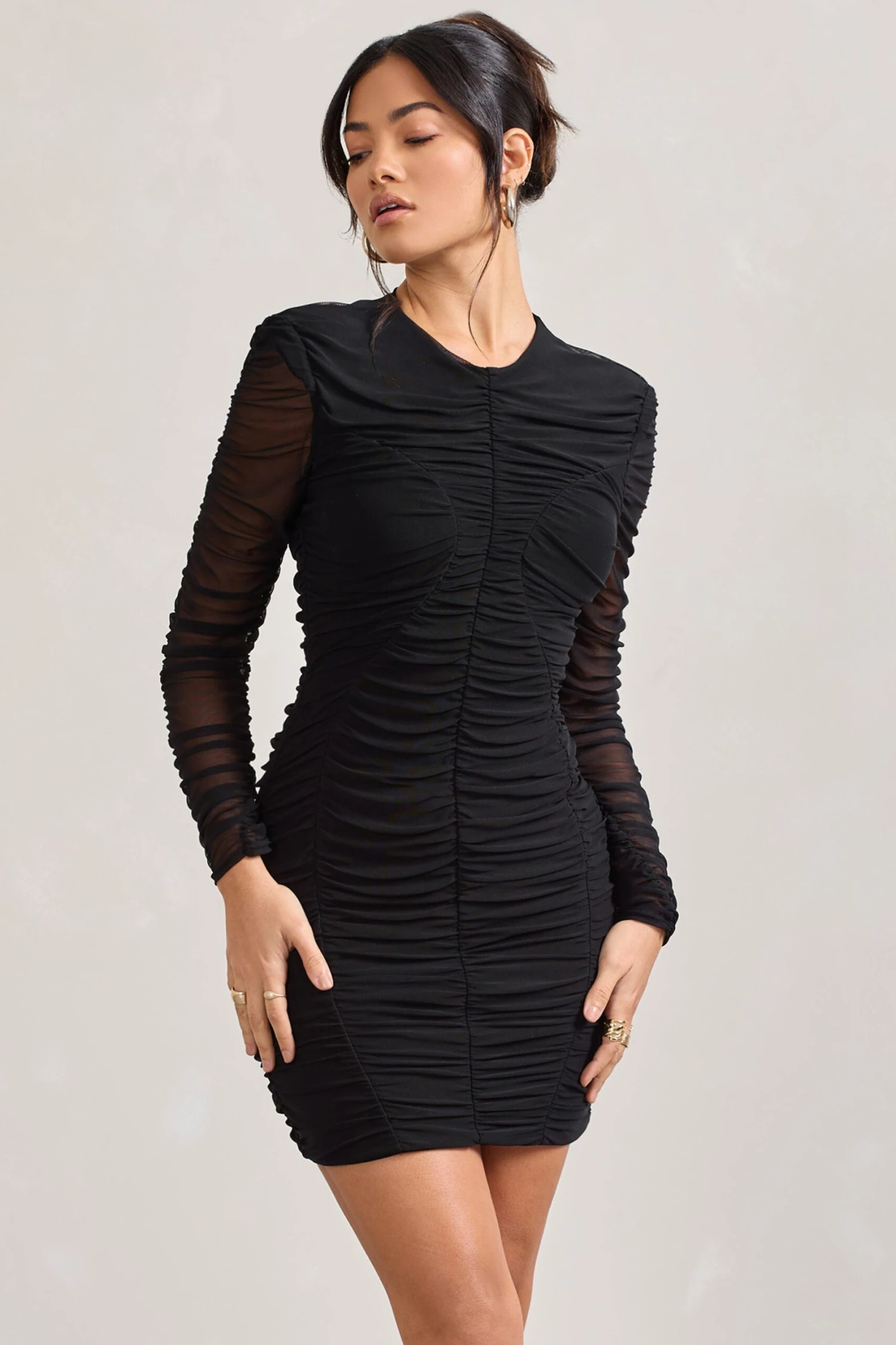 Euphoria | Black Ruched Long Sleeve Mini Dress - Image 4
