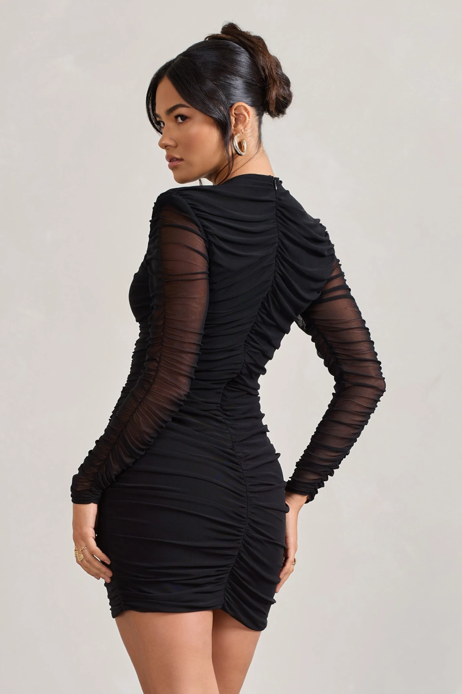 Euphoria | Black Ruched Long Sleeve Mini Dress - Image 2