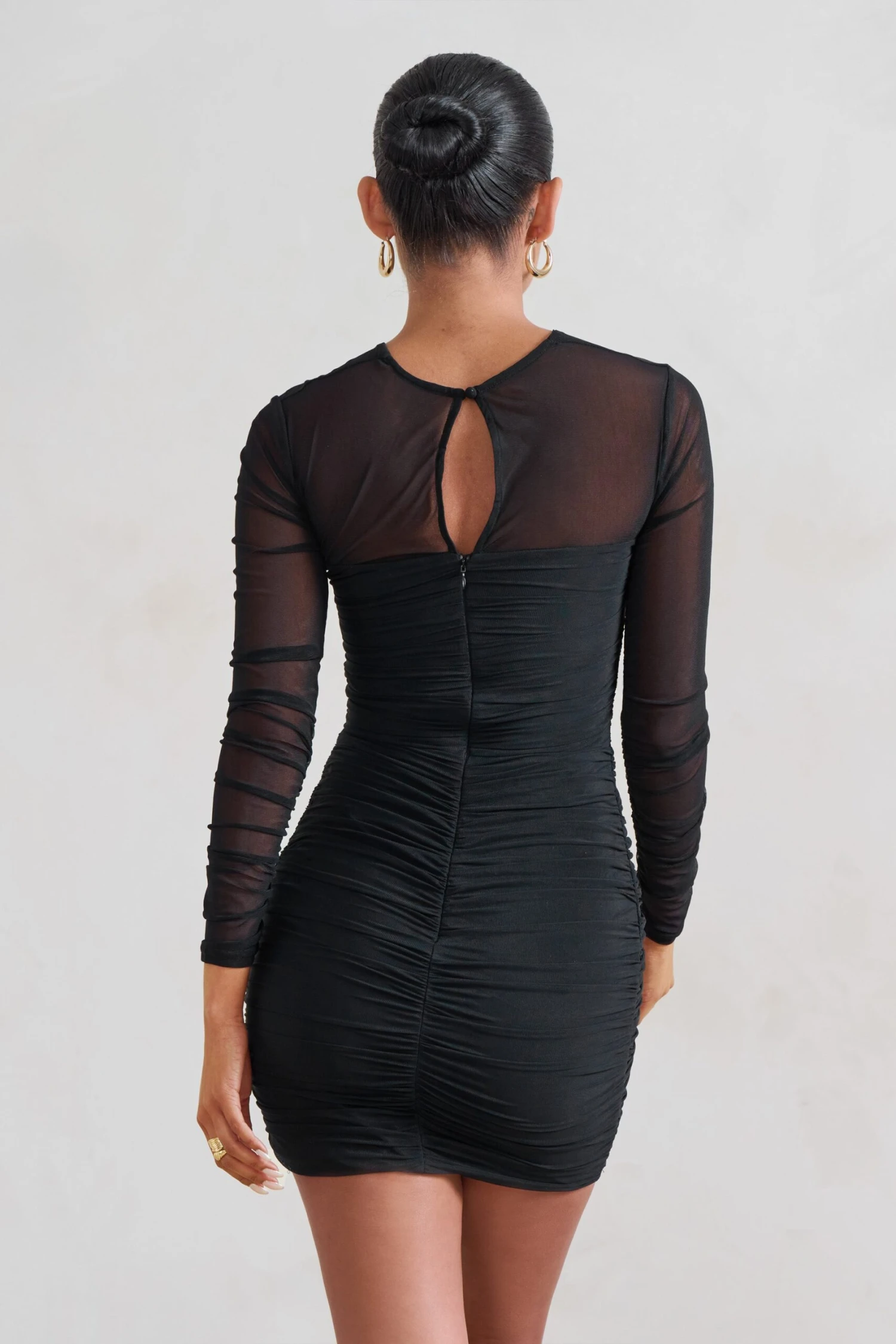Daiquiri | Black Ruched Cut Out Mesh Mini Dress With Long Sleeves - Image 2
