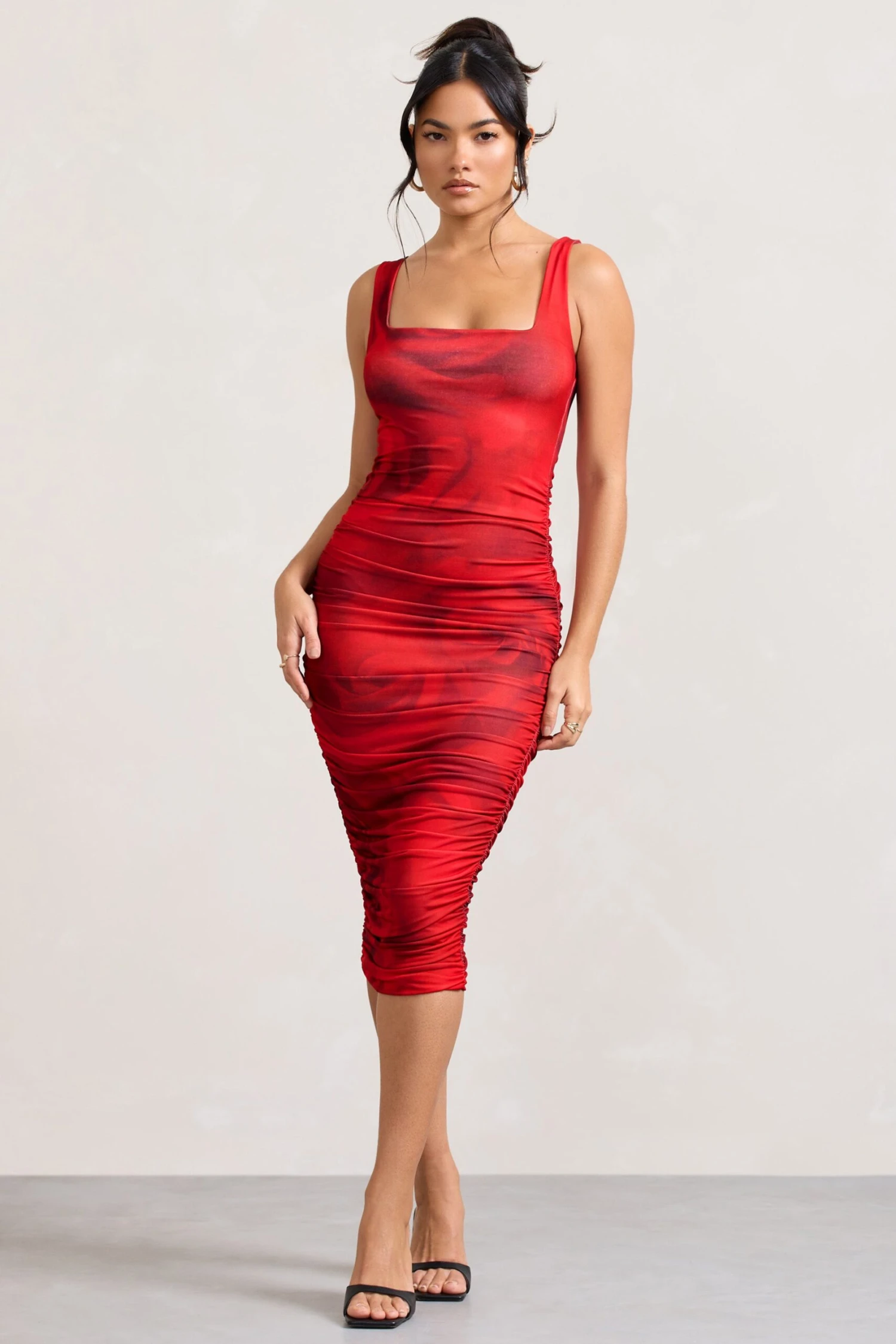Lisbon | Red Rose Print Square Neck Ruched Midi Dress - Image 5
