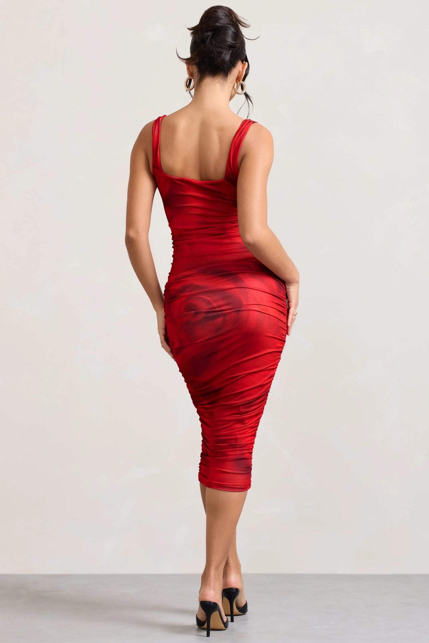Lisbon | Red Rose Print Square Neck Ruched Midi Dress - Image 2
