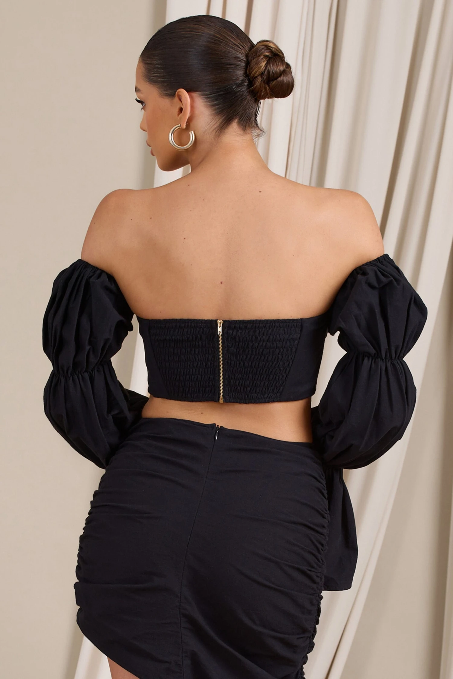Roman | Black Bardot Puff-Sleeved Crop Top - Image 2