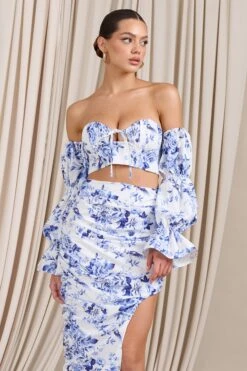 Roman | Blue Floral Bardot Puff-Sleeved Crop Top