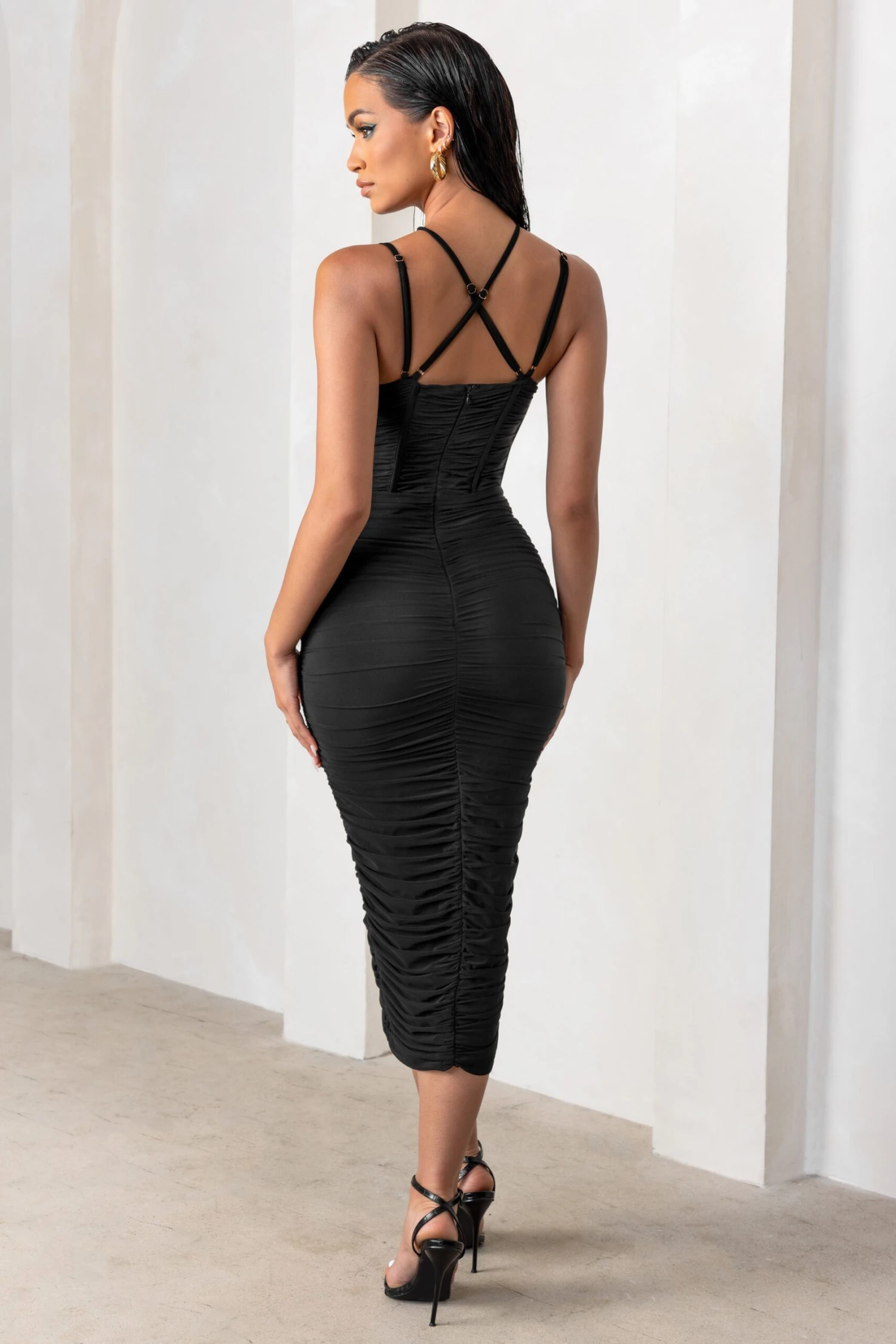 Liveliness | Black Halter Neck Midi Dress With Mesh Overlay - Image 2