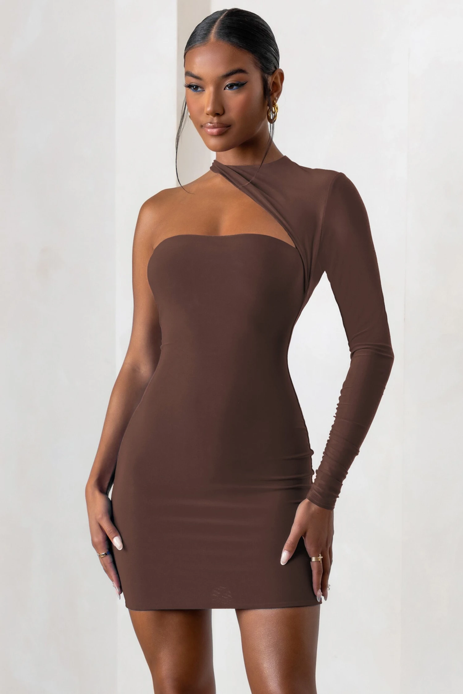 Perfect Touch | Chocolate One Shoulder Long Sleeve Mini Dress - Image 4