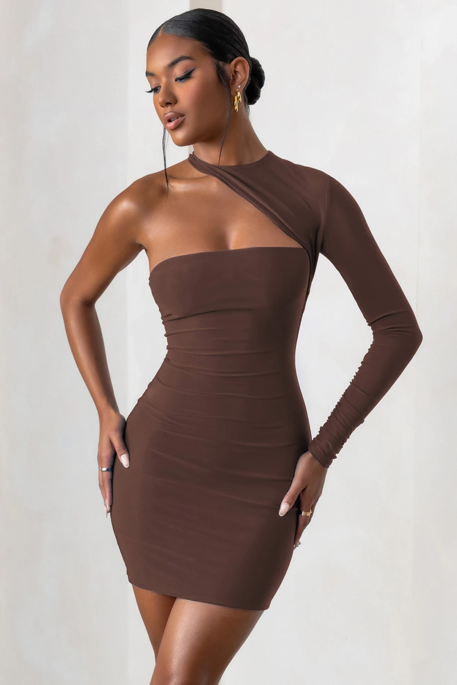 Perfect Touch | Chocolate One Shoulder Long Sleeve Mini Dress