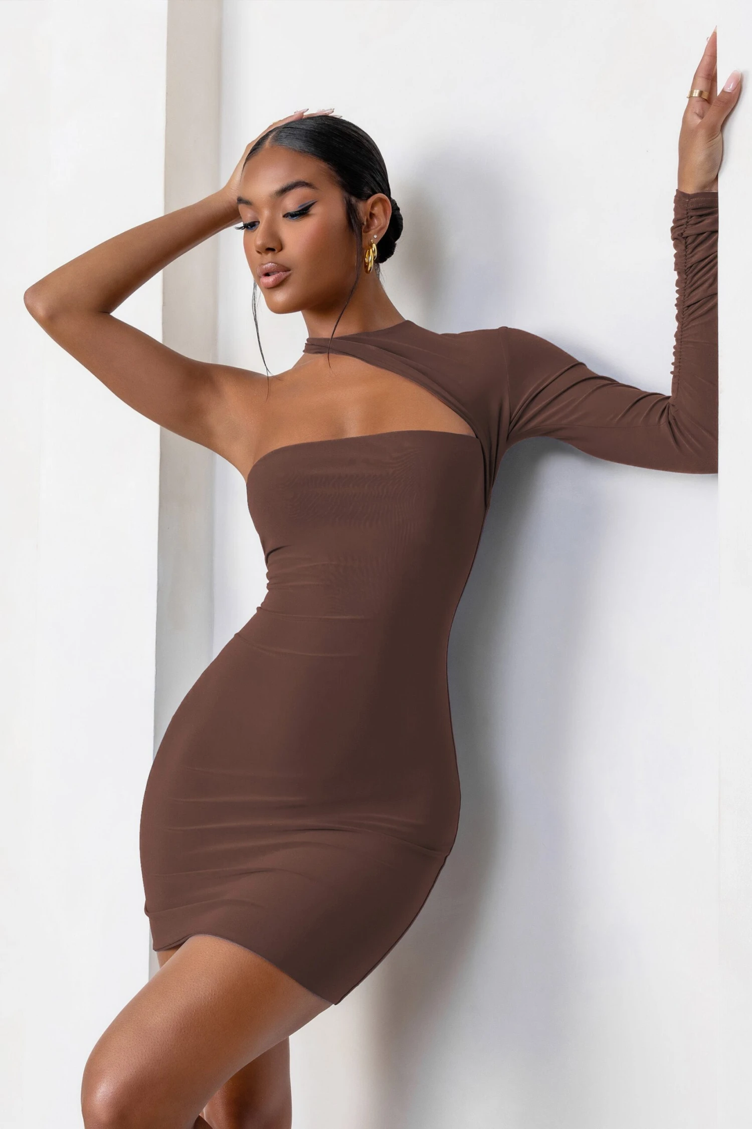 Perfect Touch | Chocolate One Shoulder Long Sleeve Mini Dress - Image 3